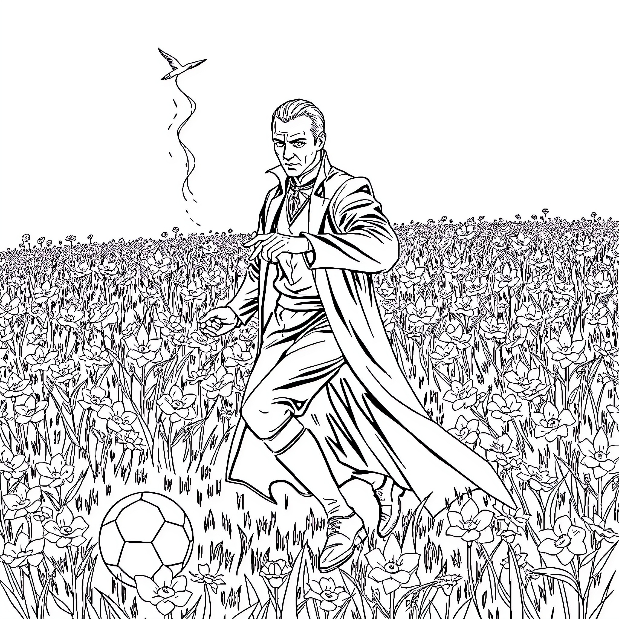 Voldemort in the Field of Flowers and Football Coloring Page (free black-and-white line drawing printable PDF for all, from beginners to advanced learners, including children, teens, adults, and seniors)