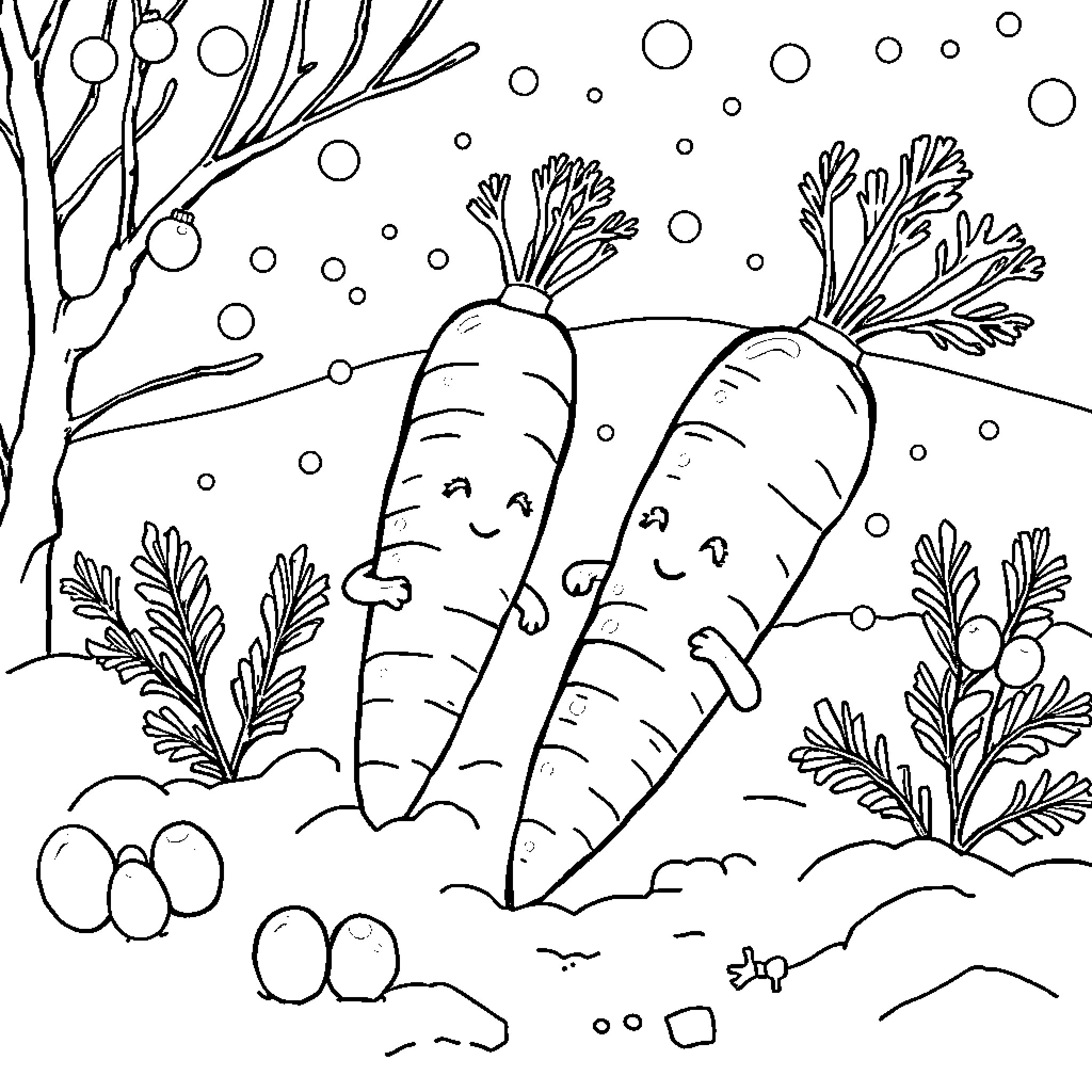 Carrot friends enjoying winter wonderland Coloring Page (free black-and-white line drawing printable PDF for all, from beginners to advanced learners, including children, teens, adults, and seniors)