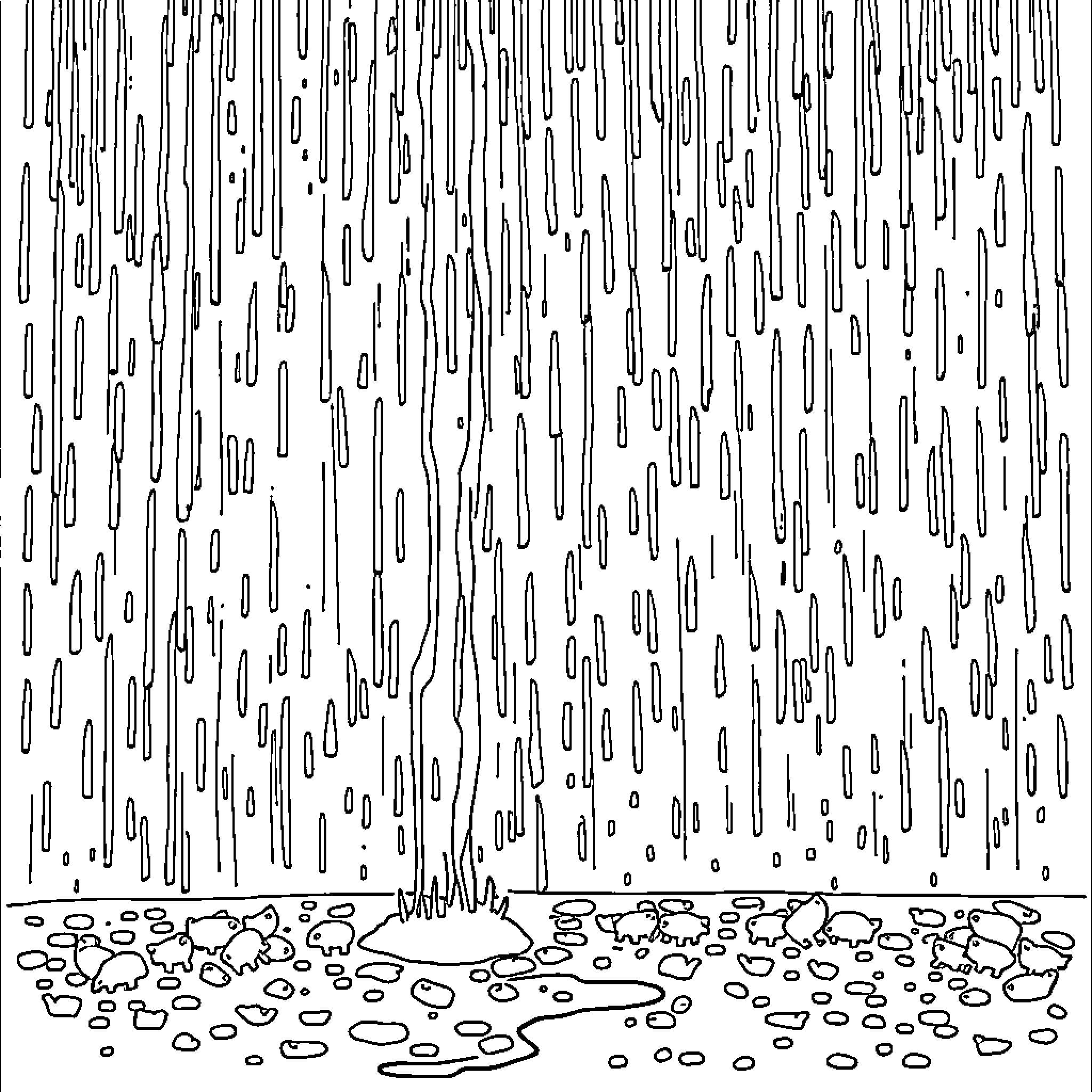 Cat and Dog Playing in the Rain Coloring Page (free black-and-white line drawing printable PDF for all, from beginners to advanced learners, including children, teens, adults, and seniors)