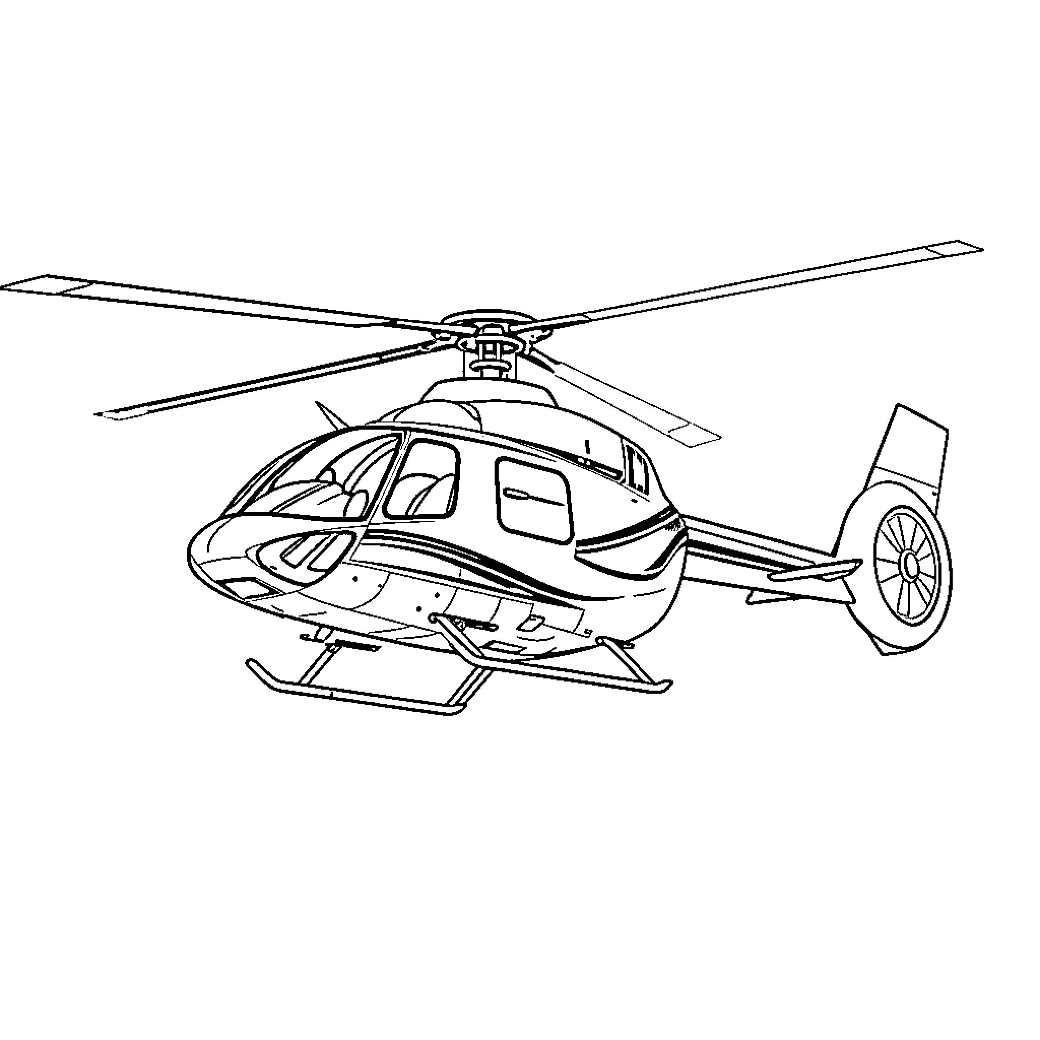 EC145 helicopter in flight Coloring Page (free black-and-white line drawing printable PDF for all, from beginners to advanced learners, including children, teens, adults, and seniors)