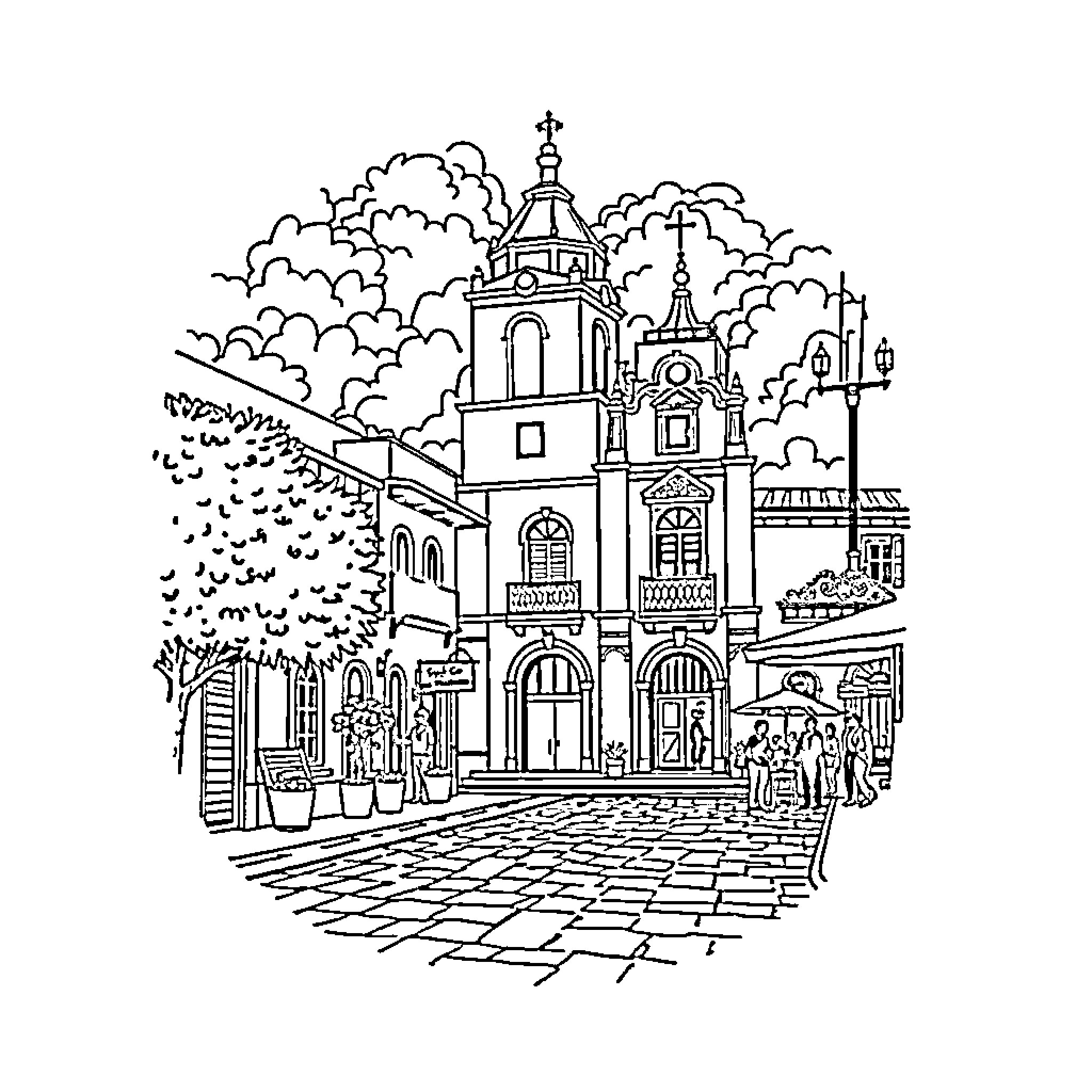 Santa Rosa de Lima: Architectural Wonders and Bustling Scenes Coloring Page (free black-and-white line drawing printable PDF for all, from beginners to advanced learners, including children, teens, adults, and seniors)