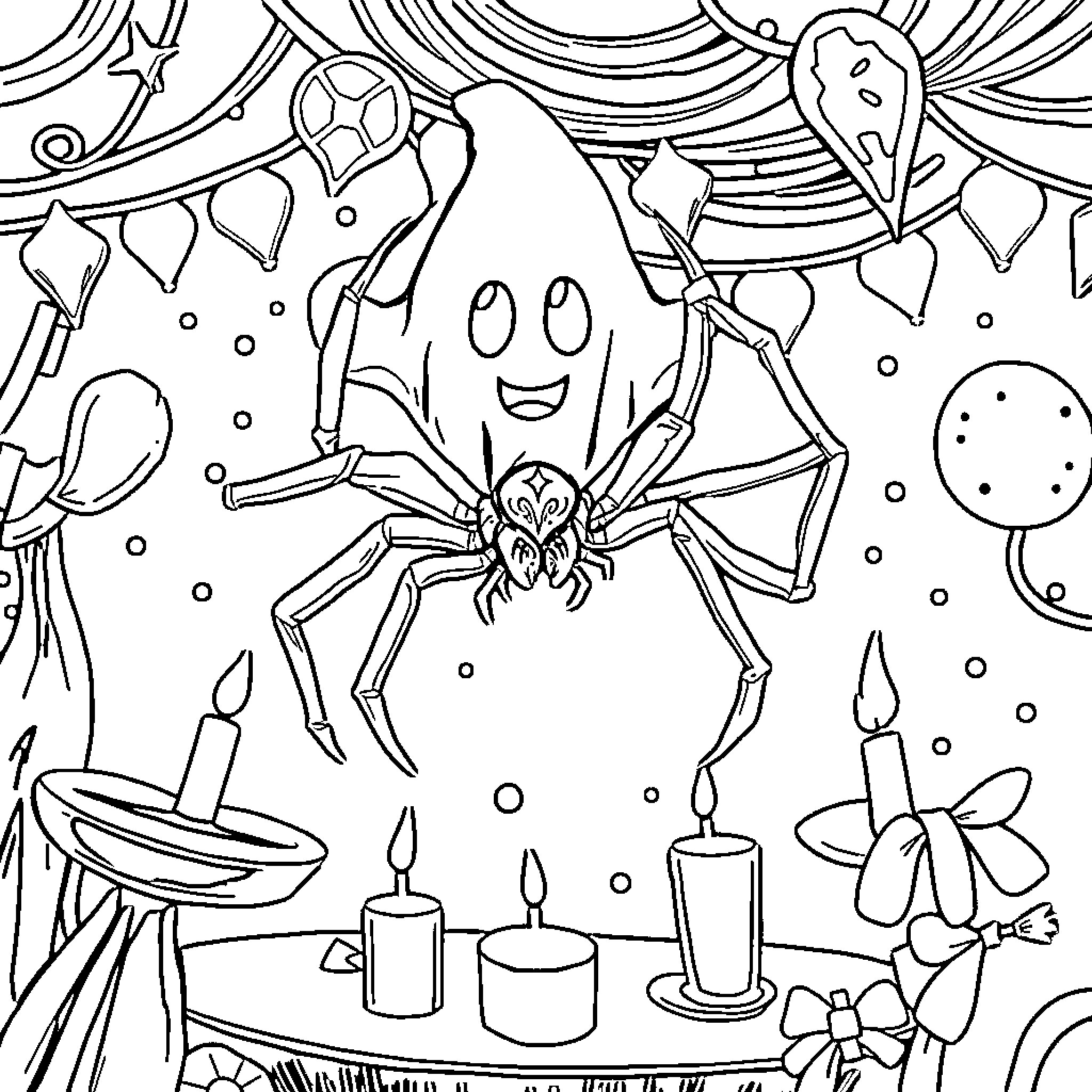 Spider celebrating a festive occasion Coloring Page (free black-and-white line drawing printable PDF for all, from beginners to advanced learners, including children, teens, adults, and seniors)