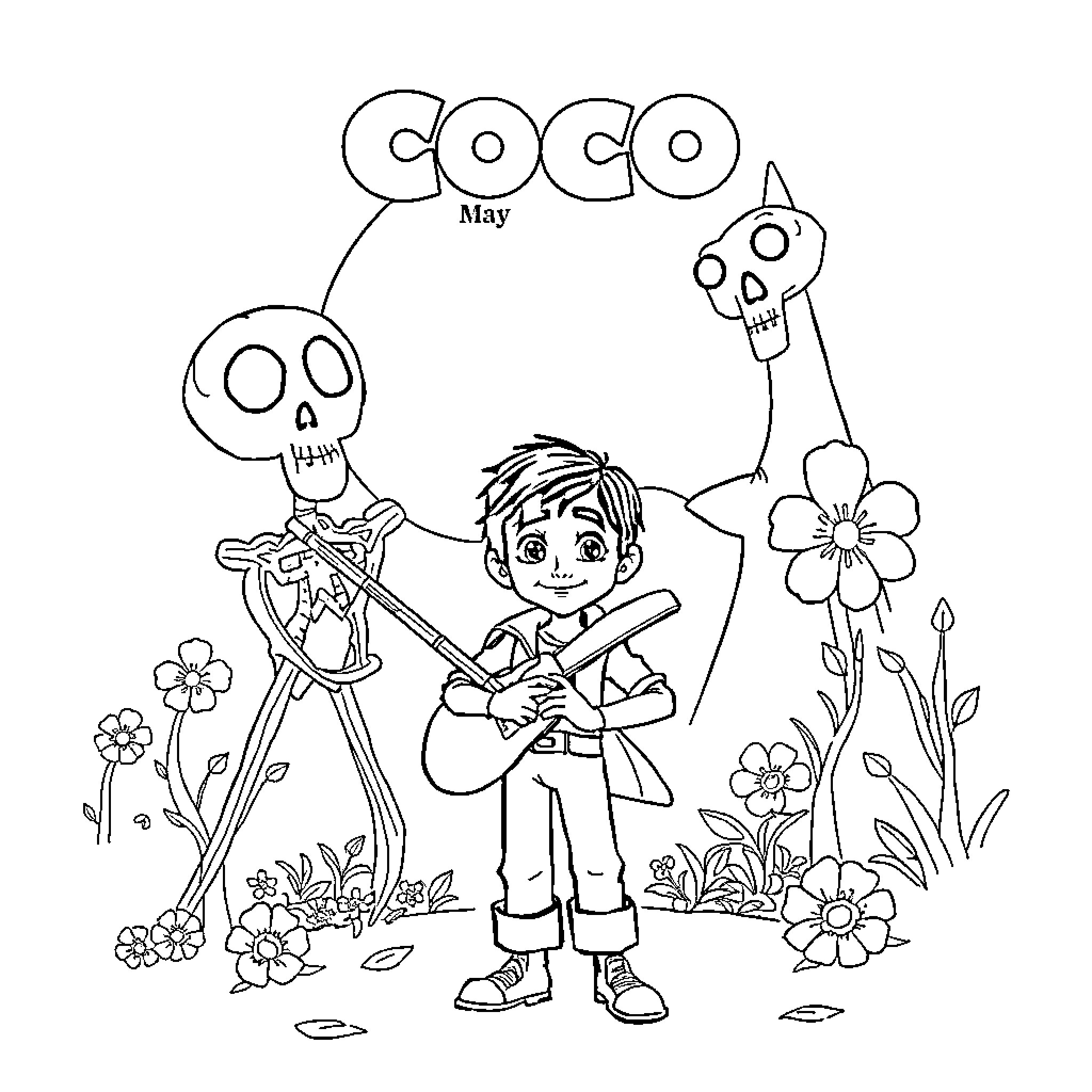 Coco exploring a whimsical floral world Coloring Page (free black-and-white line drawing printable PDF for all, from beginners to advanced learners, including children, teens, adults, and seniors)