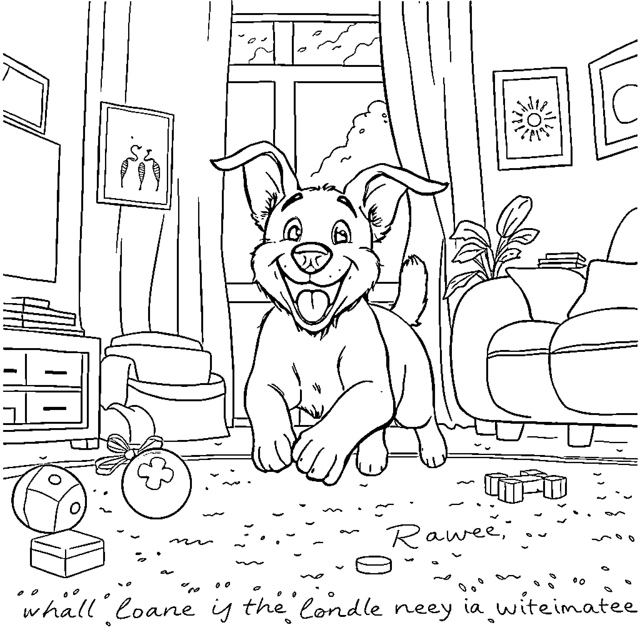 Dog playing happily with toys in the living room Coloring Page (free black-and-white line drawing printable PDF for all, from beginners to advanced learners, including children, teens, adults, and seniors)