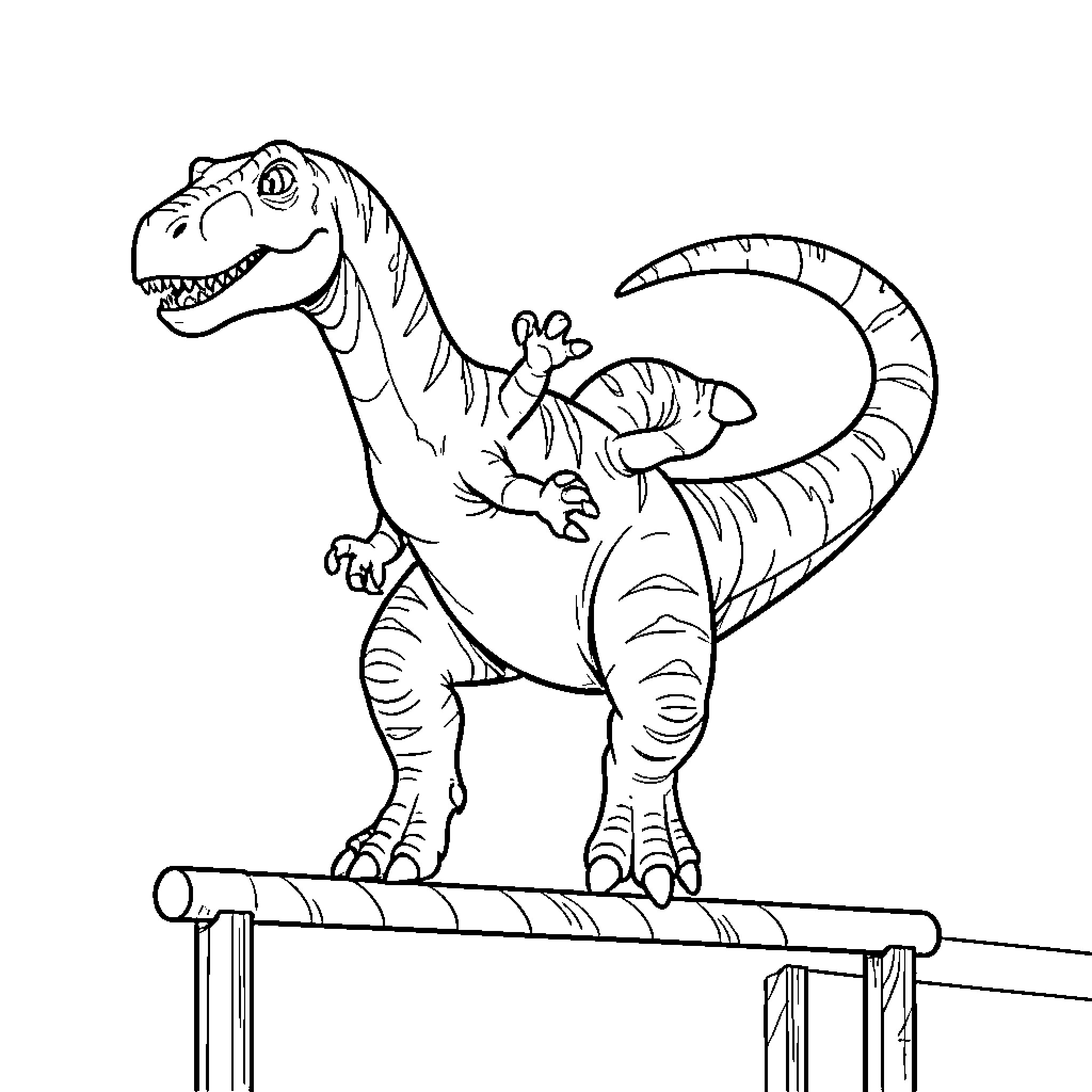 Dinosaur walking carefully along a balance beam Coloring Page (free black-and-white line drawing printable PDF for all, from beginners to advanced learners, including children, teens, adults, and seniors)