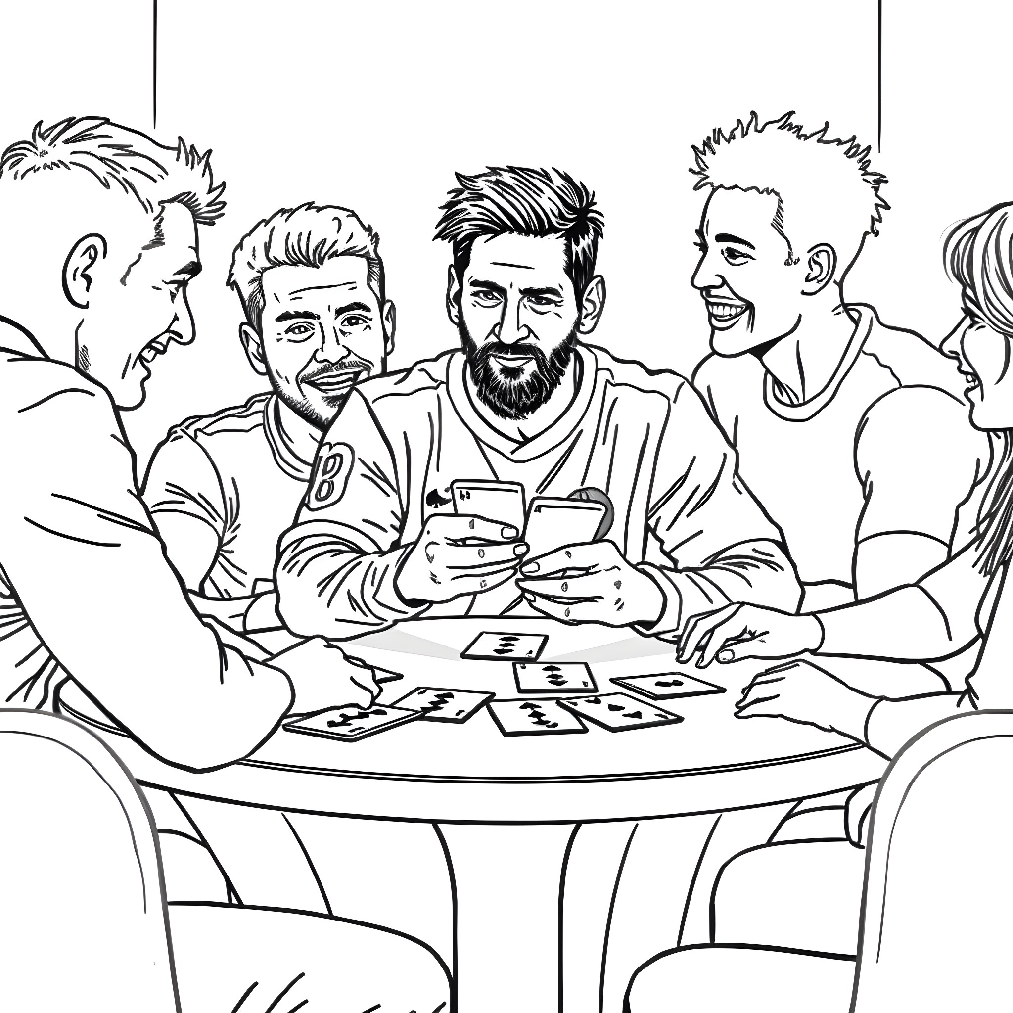Messi and friends playing cards and having fun Coloring Page (free black-and-white line drawing printable PDF for all, from beginners to advanced learners, including children, teens, adults, and seniors)