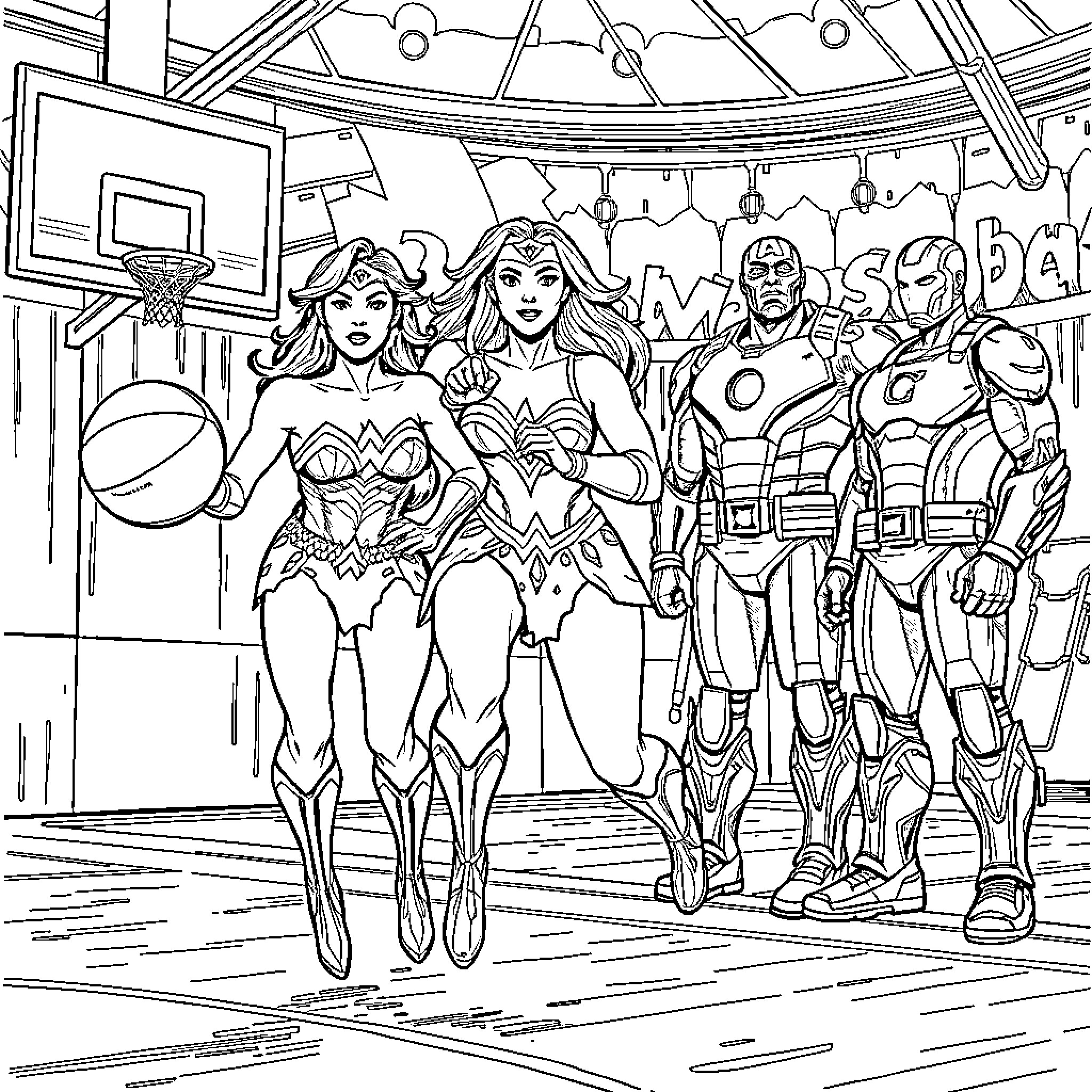 Wonder Woman and Superheroes in Action-Packed Scene Coloring Page (free black-and-white line drawing printable PDF for all, from beginners to advanced learners, including children, teens, adults, and seniors)