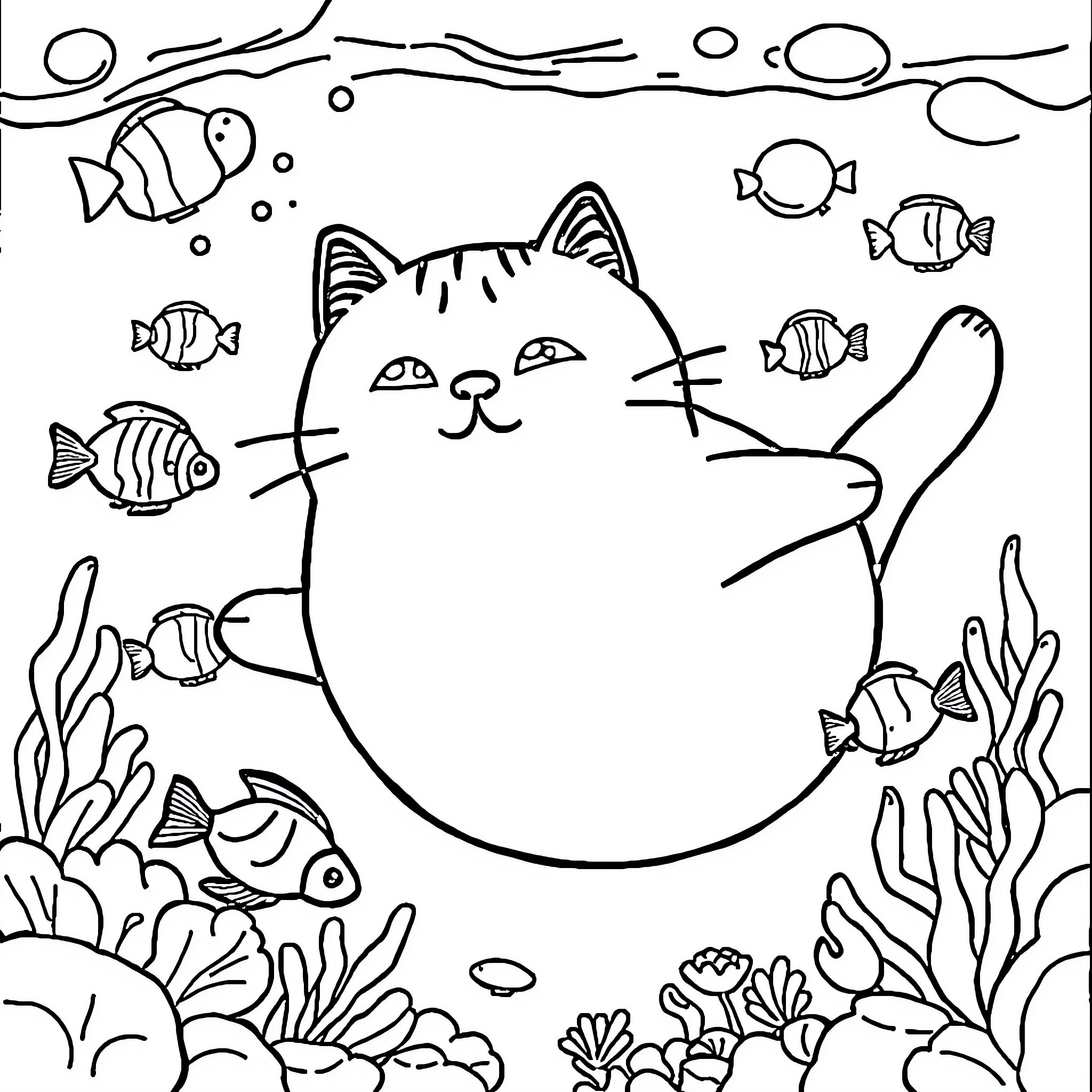 Pusheen the Cat Relaxing in Underwater Adventure Coloring Page (free black-and-white line drawing printable PDF for all, from beginners to advanced learners, including children, teens, adults, and seniors)