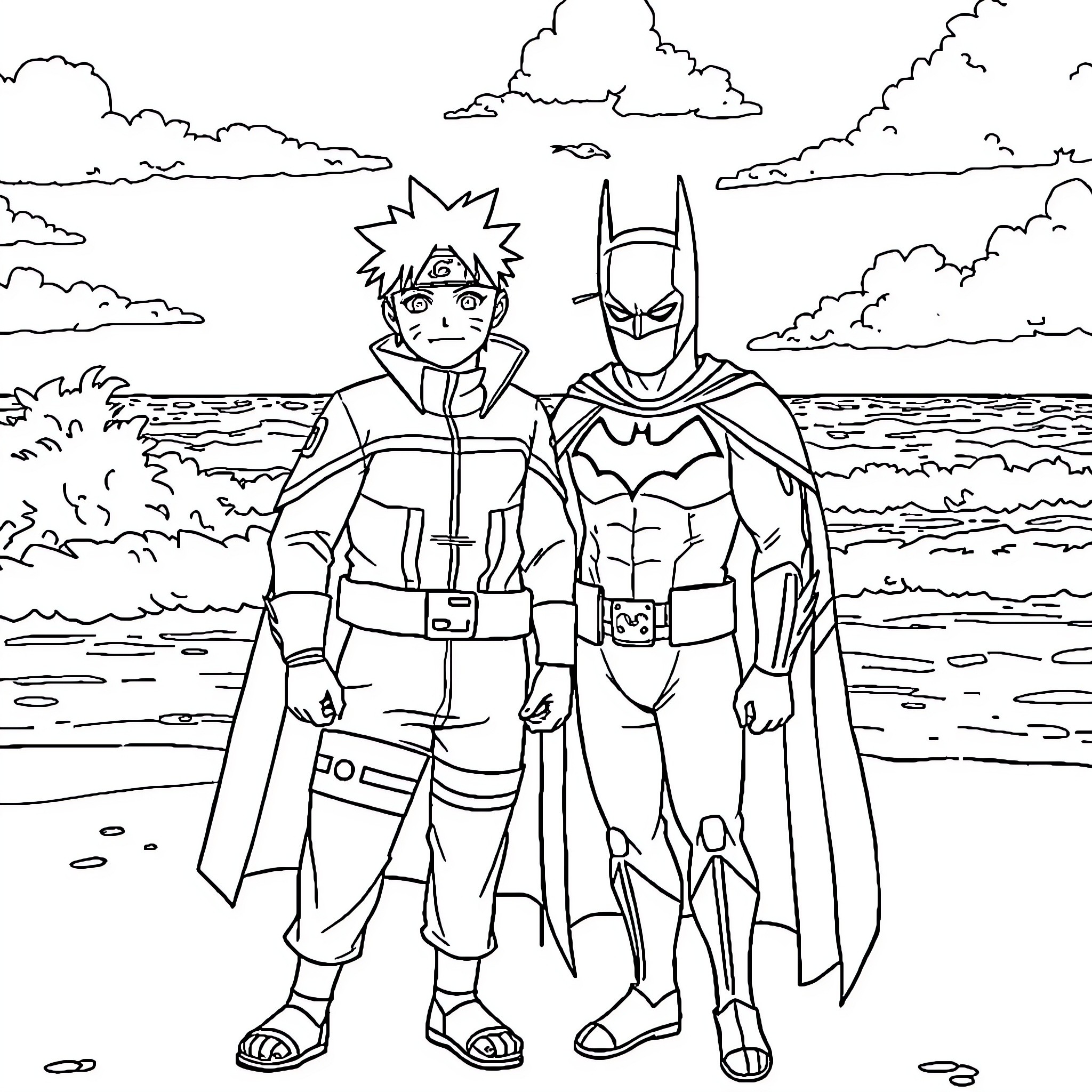 Naruto and Batman team up for an adventure Coloring Page (free black-and-white line drawing printable PDF for all, from beginners to advanced learners, including children, teens, adults, and seniors)