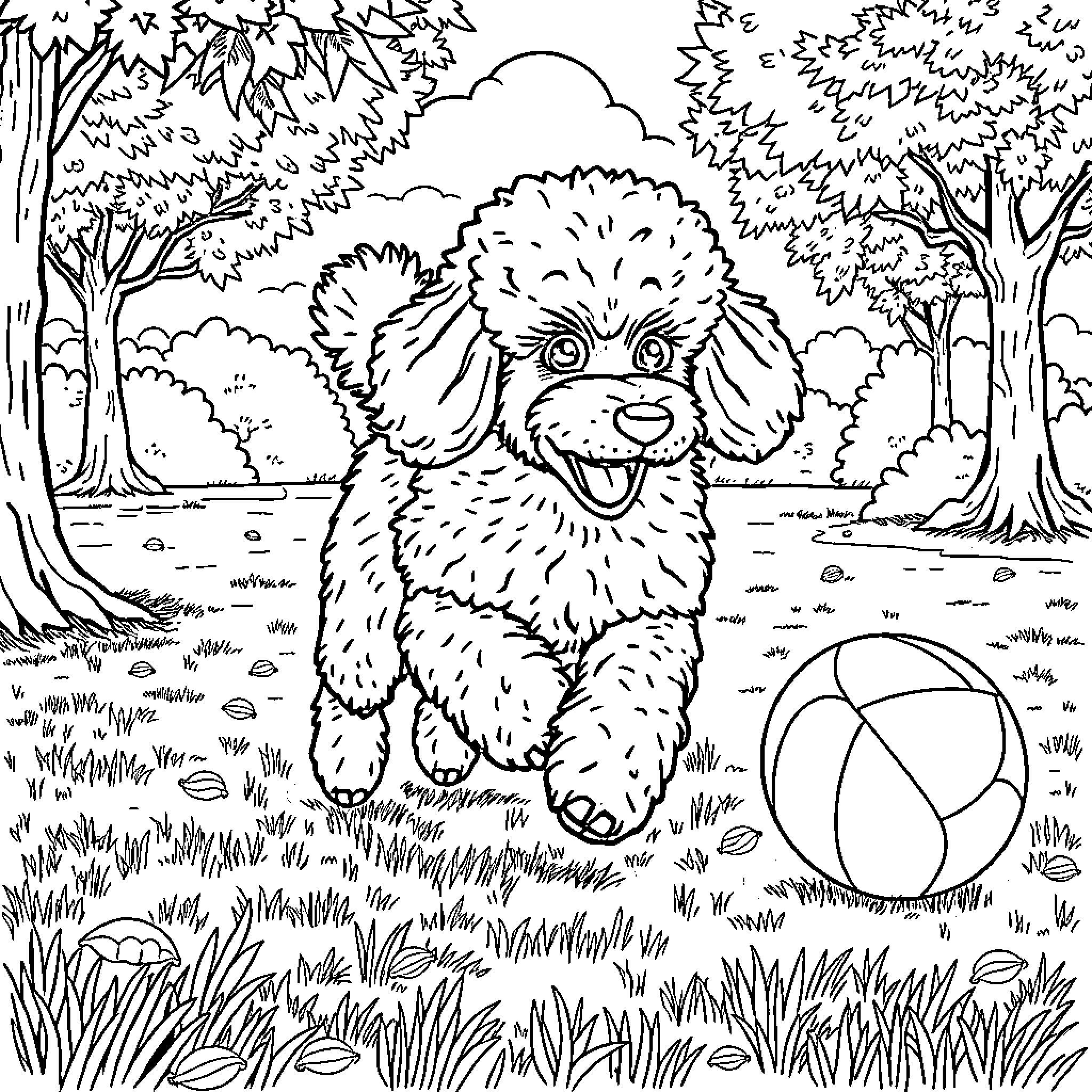 Poodle frolicking with a ball in the forest Coloring Page (free black-and-white line drawing printable PDF for all, from beginners to advanced learners, including children, teens, adults, and seniors)