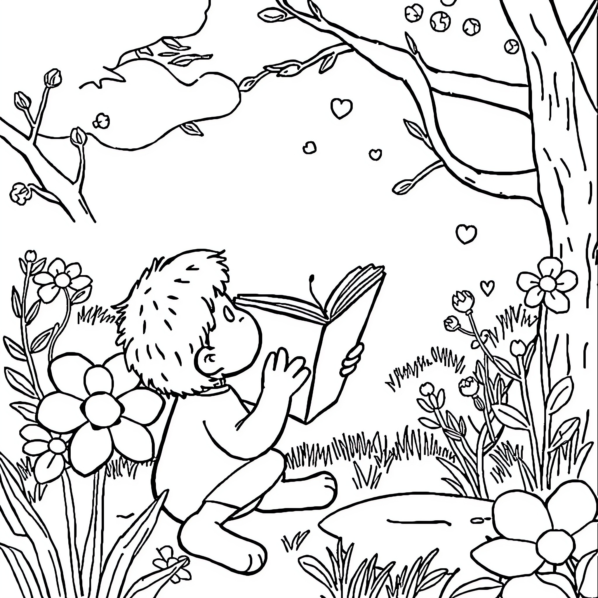Lectura en el parque floral Coloring Page (free black-and-white line drawing printable PDF for all, from beginners to advanced learners, including children, teens, adults, and seniors)