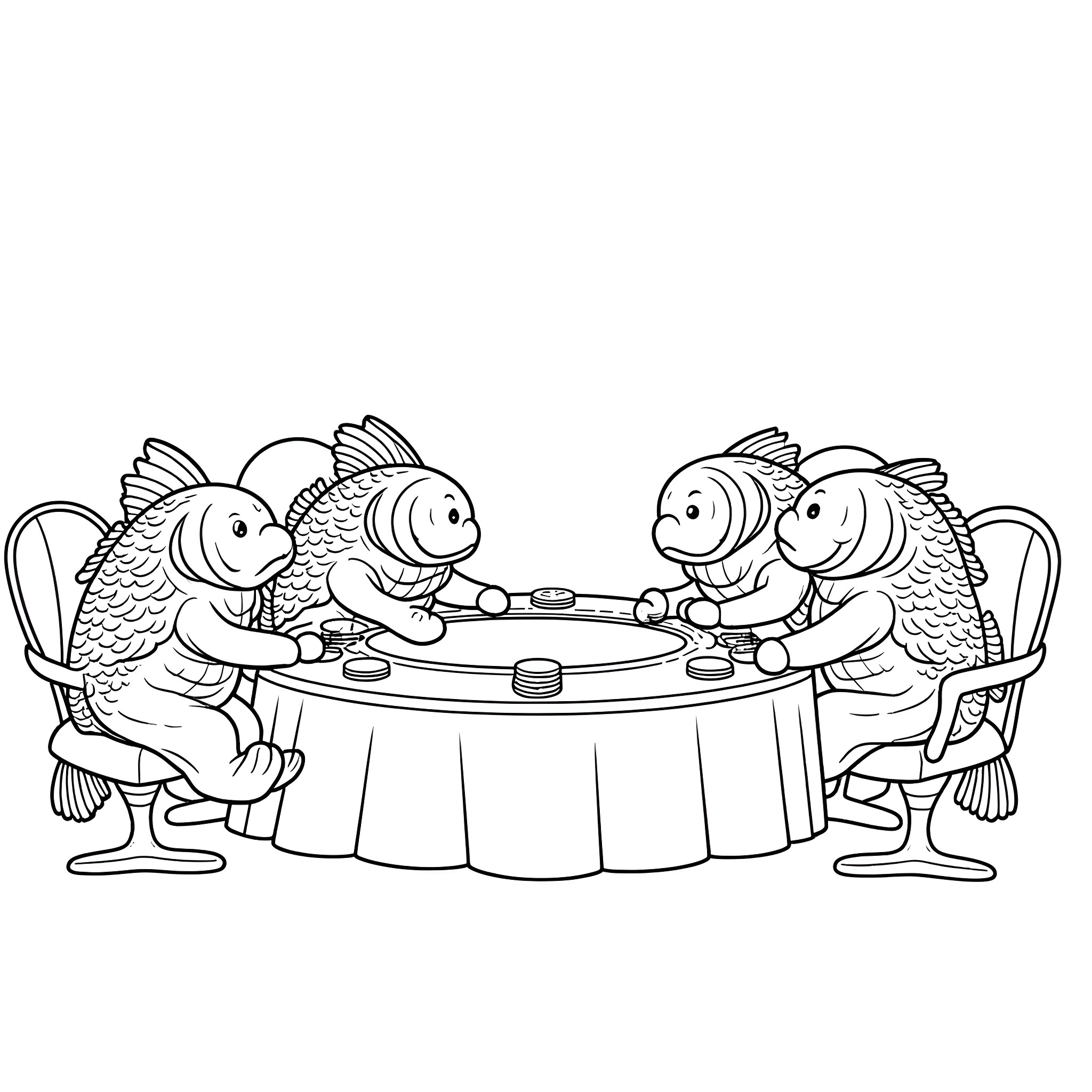 Sea Bass Playing Checkers at the Table Coloring Page (free black-and-white line drawing printable PDF for all, from beginners to advanced learners, including children, teens, adults, and seniors)