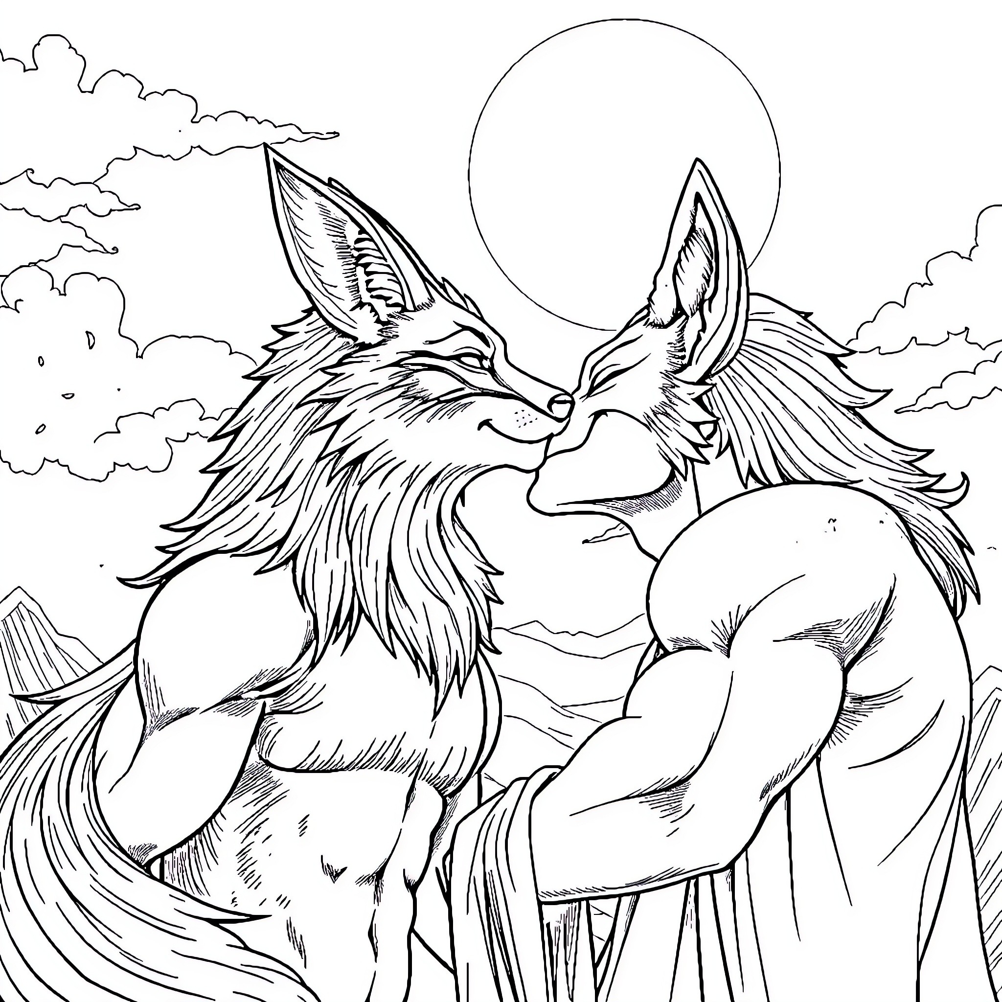 Fox basking in the moonlight Coloring Page (free black-and-white line drawing printable PDF for all, from beginners to advanced learners, including children, teens, adults, and seniors)