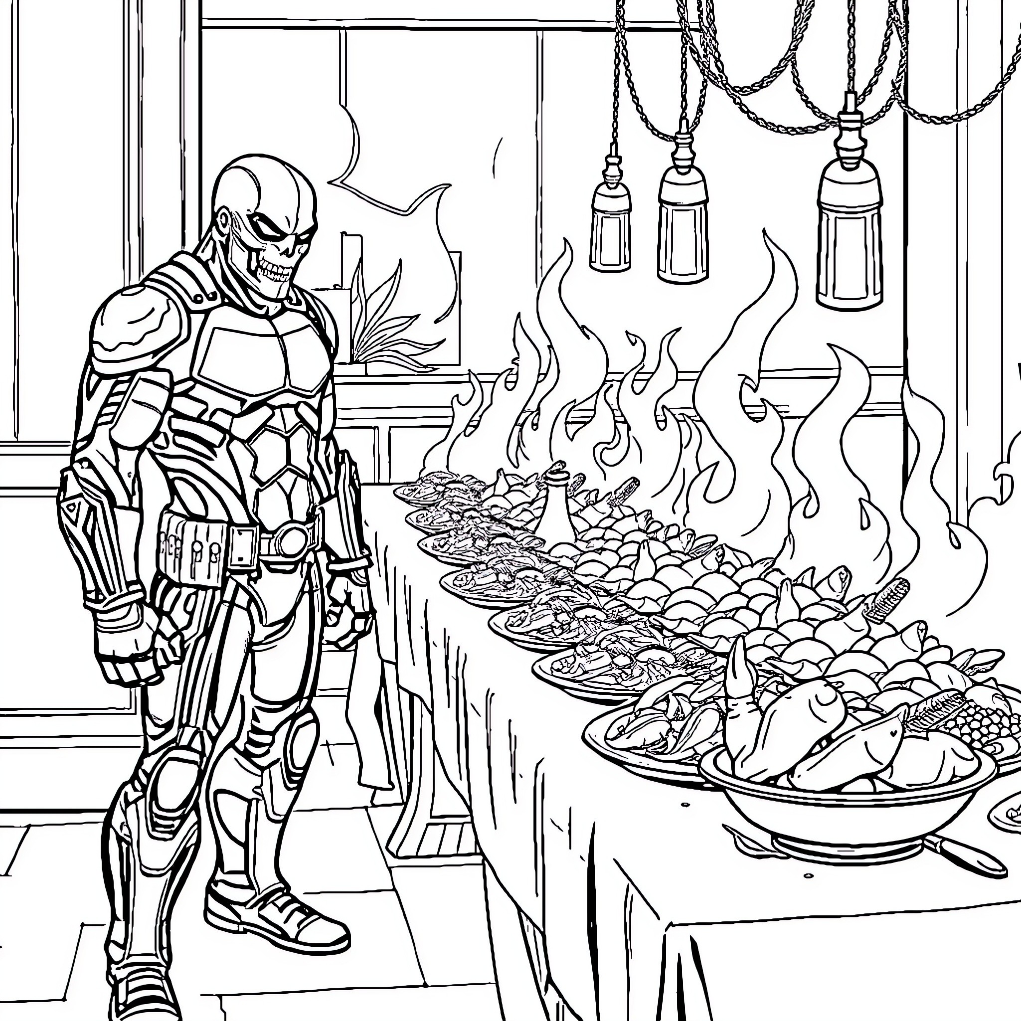 Deathlok standing amidst futuristic decor and food Coloring Page (free black-and-white line drawing printable PDF for all, from beginners to advanced learners, including children, teens, adults, and seniors)