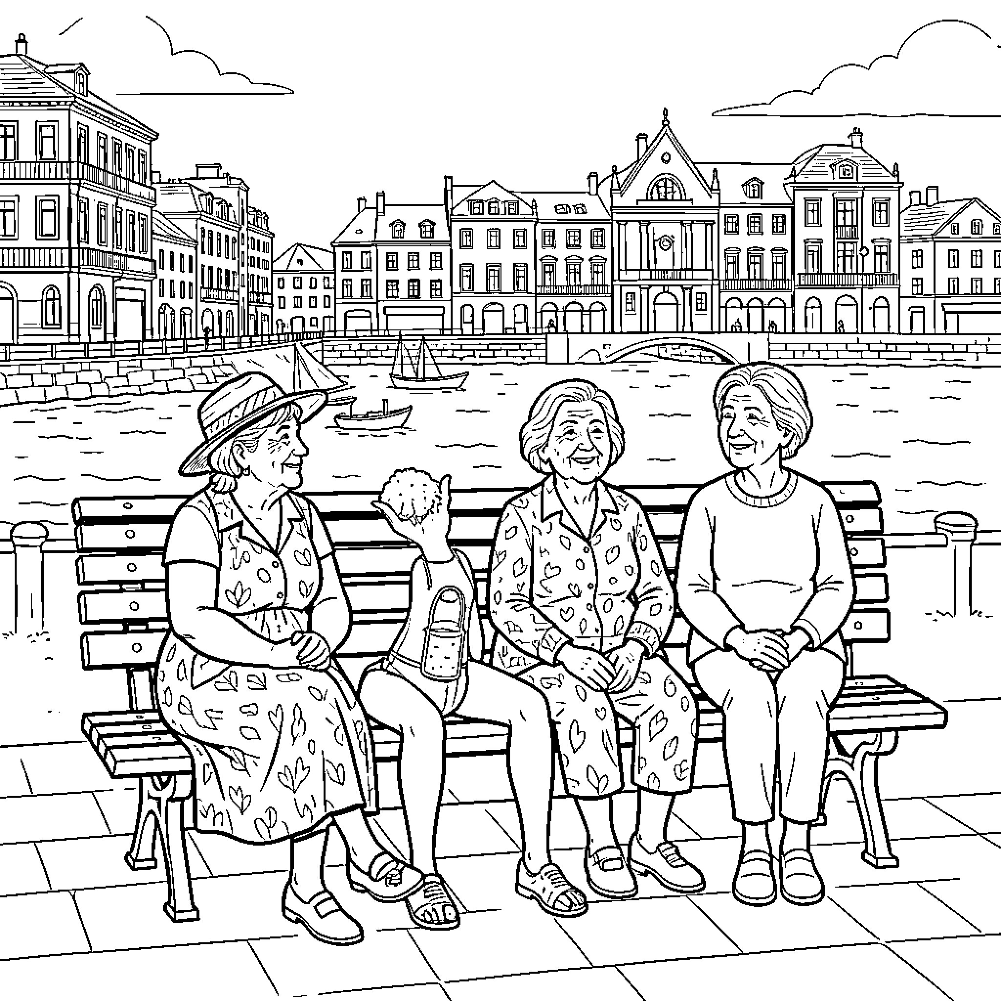 Older Women Enjoying a Scenic Waterfront View Coloring Page (free black-and-white line drawing printable PDF for all, from beginners to advanced learners, including children, teens, adults, and seniors)