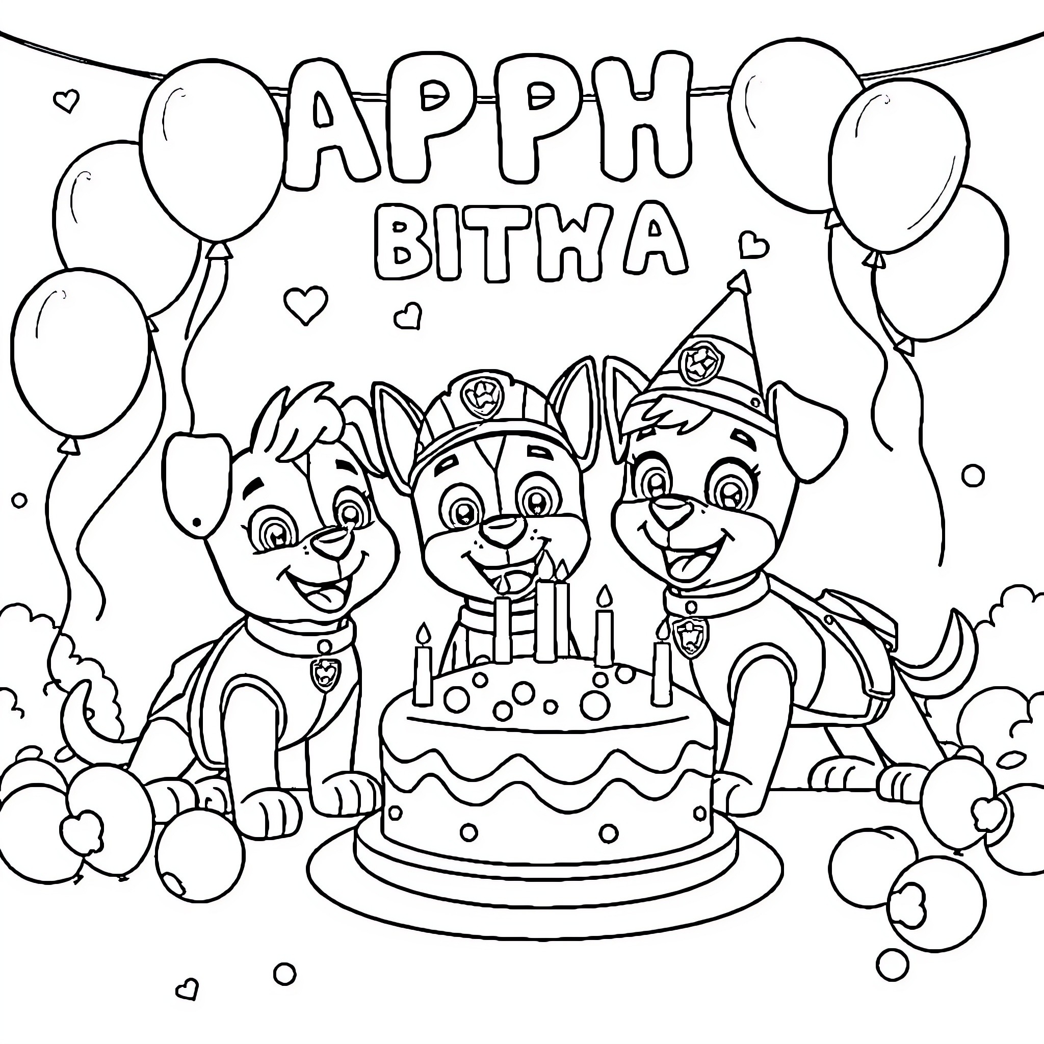Paw Patrol characters celebrating birthday with cake and balloons Coloring Page (free black-and-white line drawing printable PDF for all, from beginners to advanced learners, including children, teens, adults, and seniors)