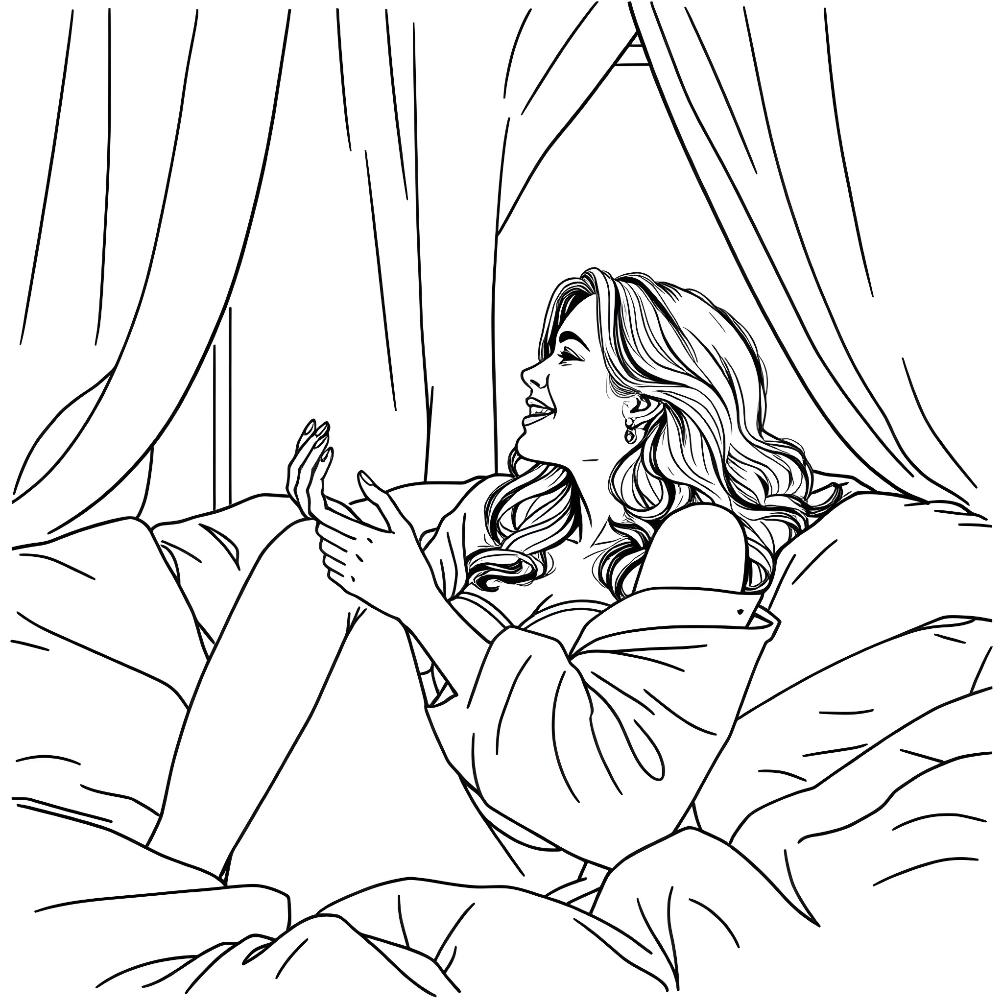 Woman relaxing and smiling in bed Coloring Page (free black-and-white line drawing printable PDF for all, from beginners to advanced learners, including children, teens, adults, and seniors)