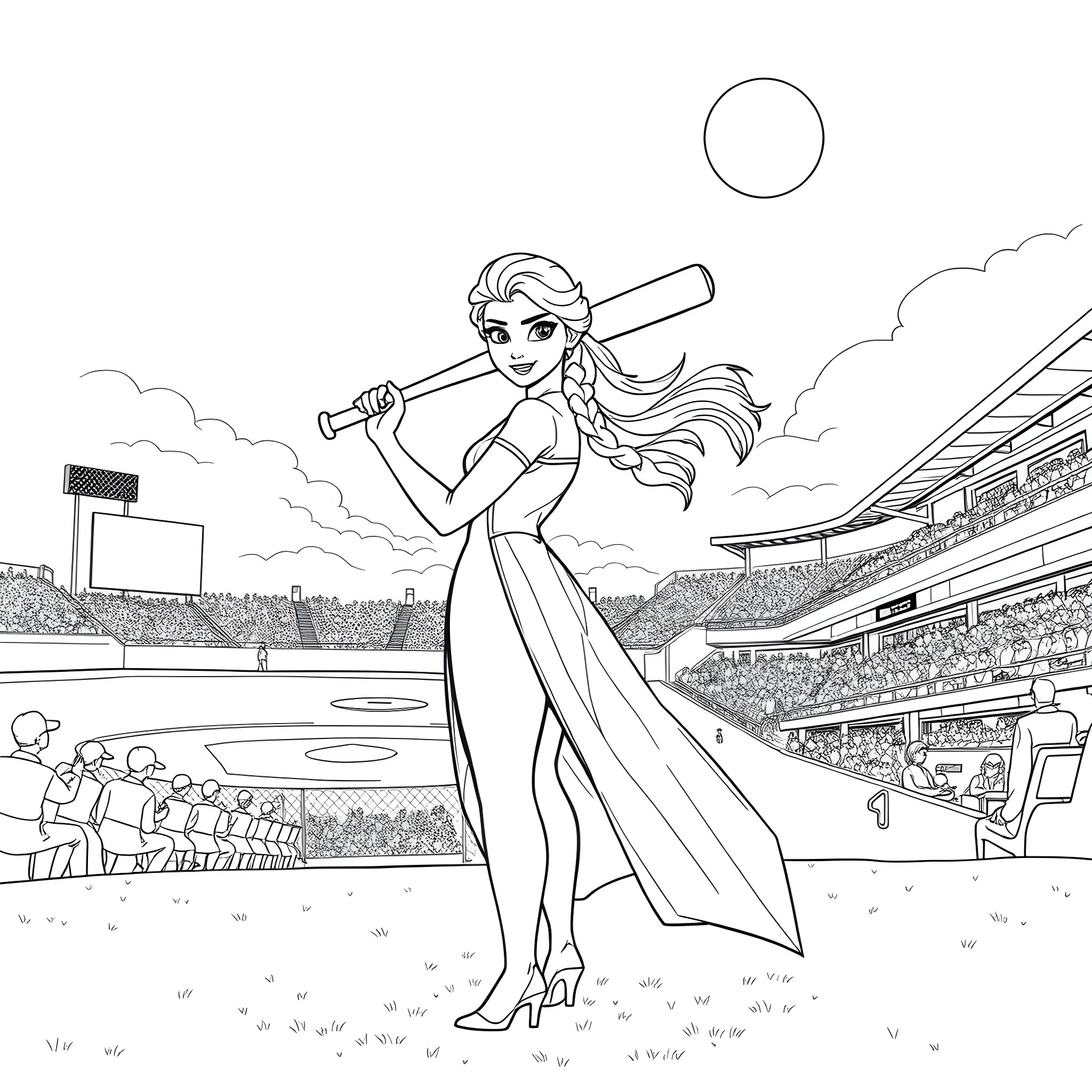 Elsa playing baseball in the stadium Coloring Page (free black-and-white line drawing printable PDF for all, from beginners to advanced learners, including children, teens, adults, and seniors)