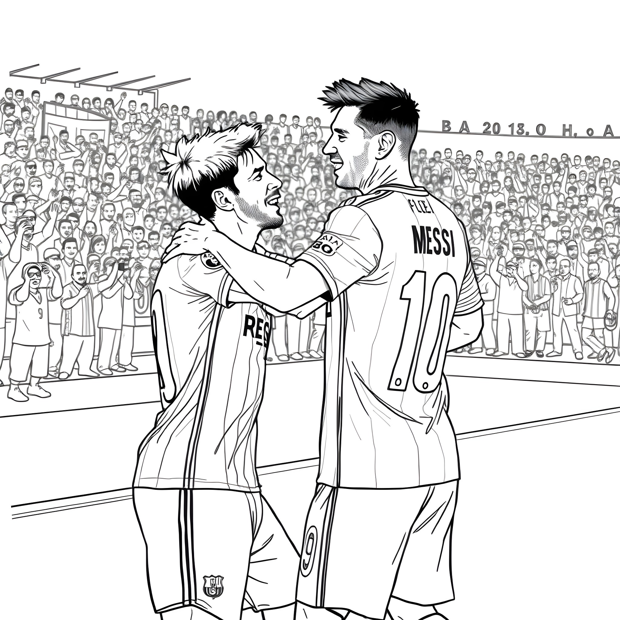 Paulo Dybala and Lionel Messi Celebrate Together on the Pitch Coloring Page (free black-and-white line drawing printable PDF for all, from beginners to advanced learners, including children, teens, adults, and seniors)