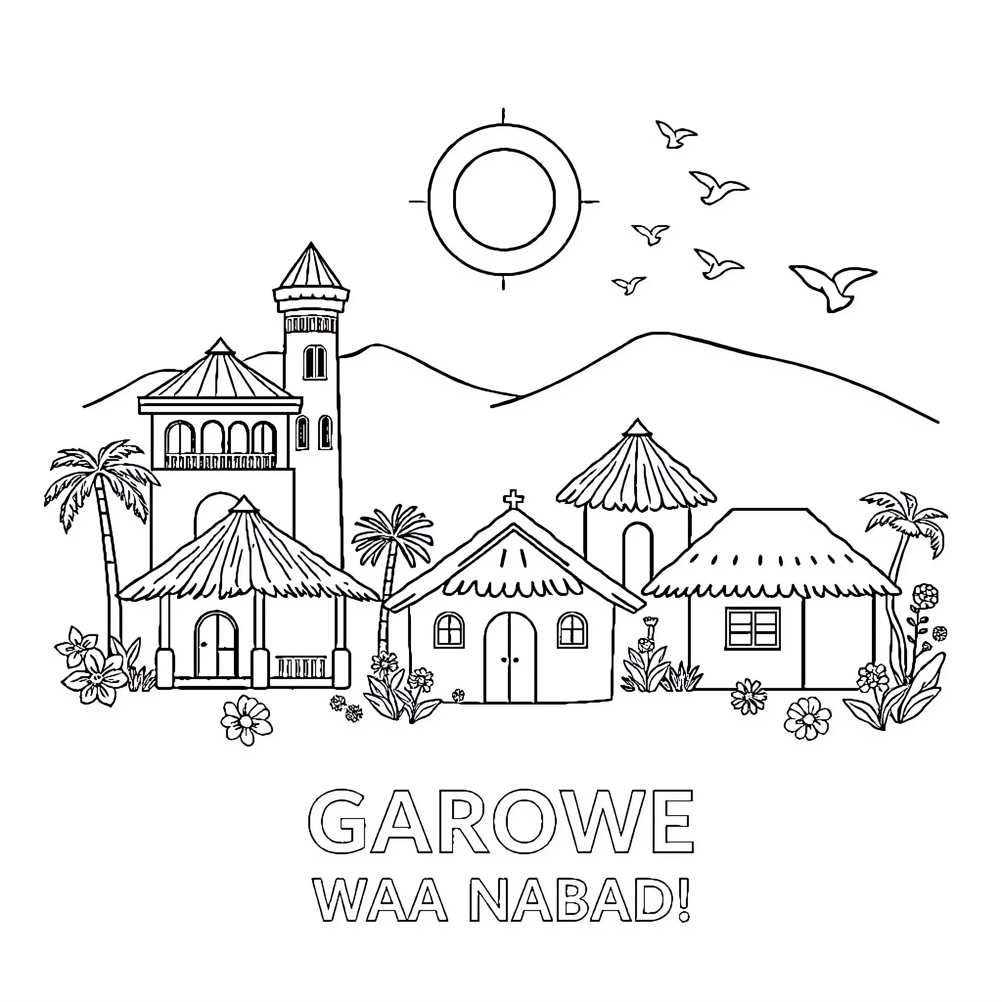 Home in a picturesque village scene Coloring Page (free black-and-white line drawing printable PDF for all, from beginners to advanced learners, including children, teens, adults, and seniors)