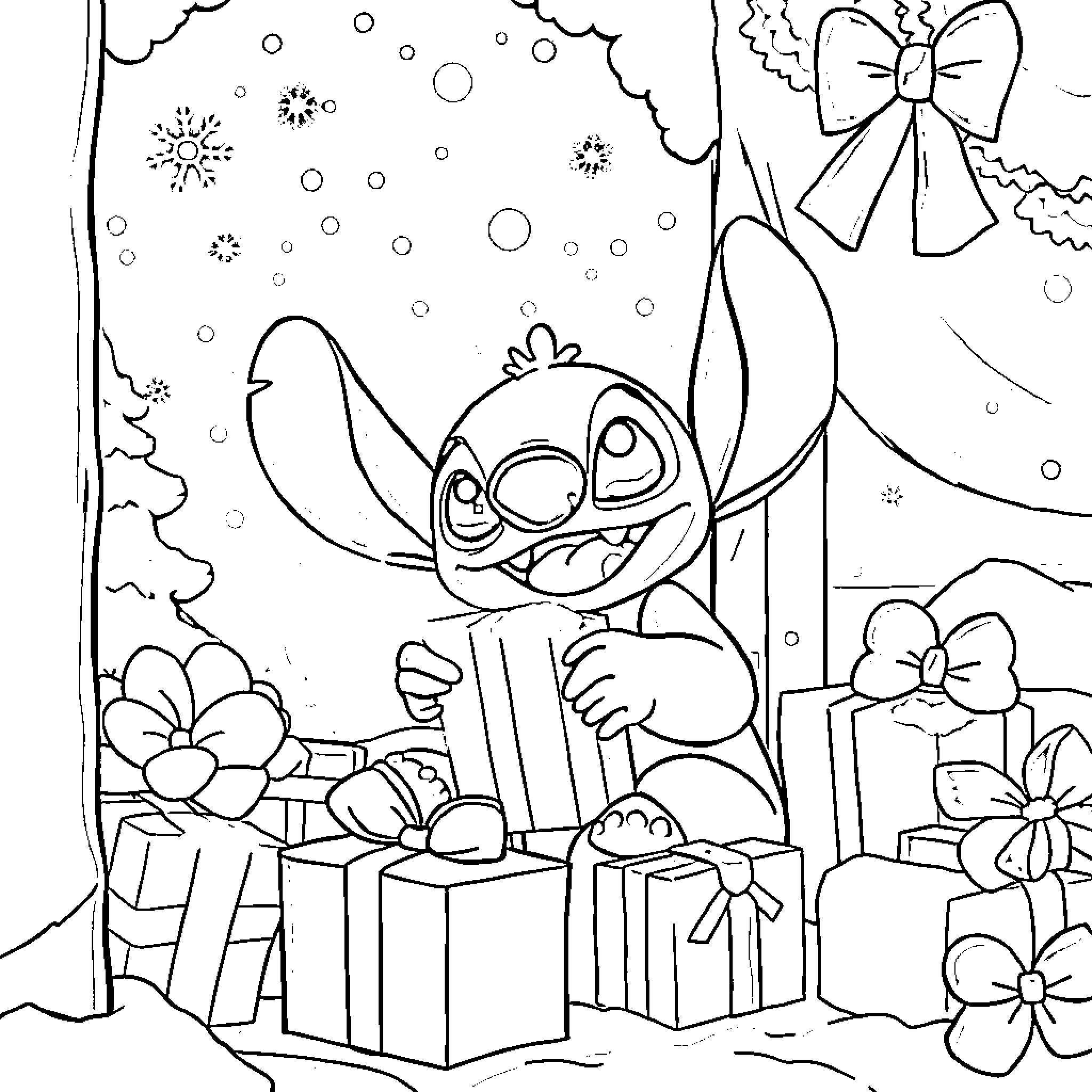 Stitch unwrapping Christmas presents in winter wonderland Coloring Page (free black-and-white line drawing printable PDF for all, from beginners to advanced learners, including children, teens, adults, and seniors)