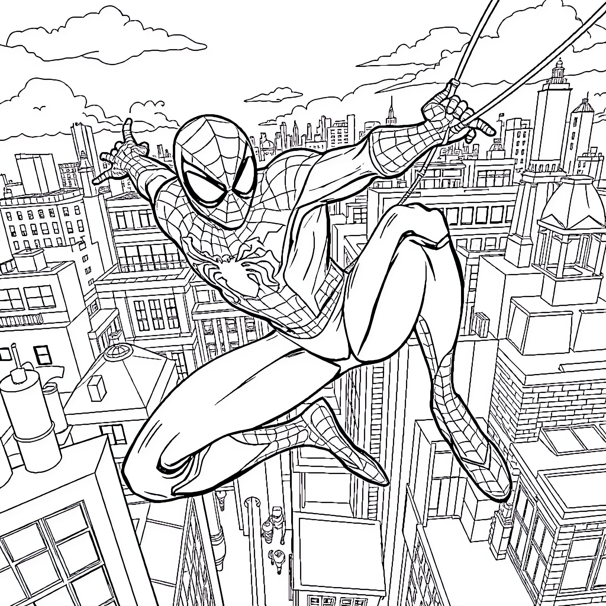 Spider-Man swinging through the city skyline Coloring Page (free black-and-white line drawing printable PDF for all, from beginners to advanced learners, including children, teens, adults, and seniors)
