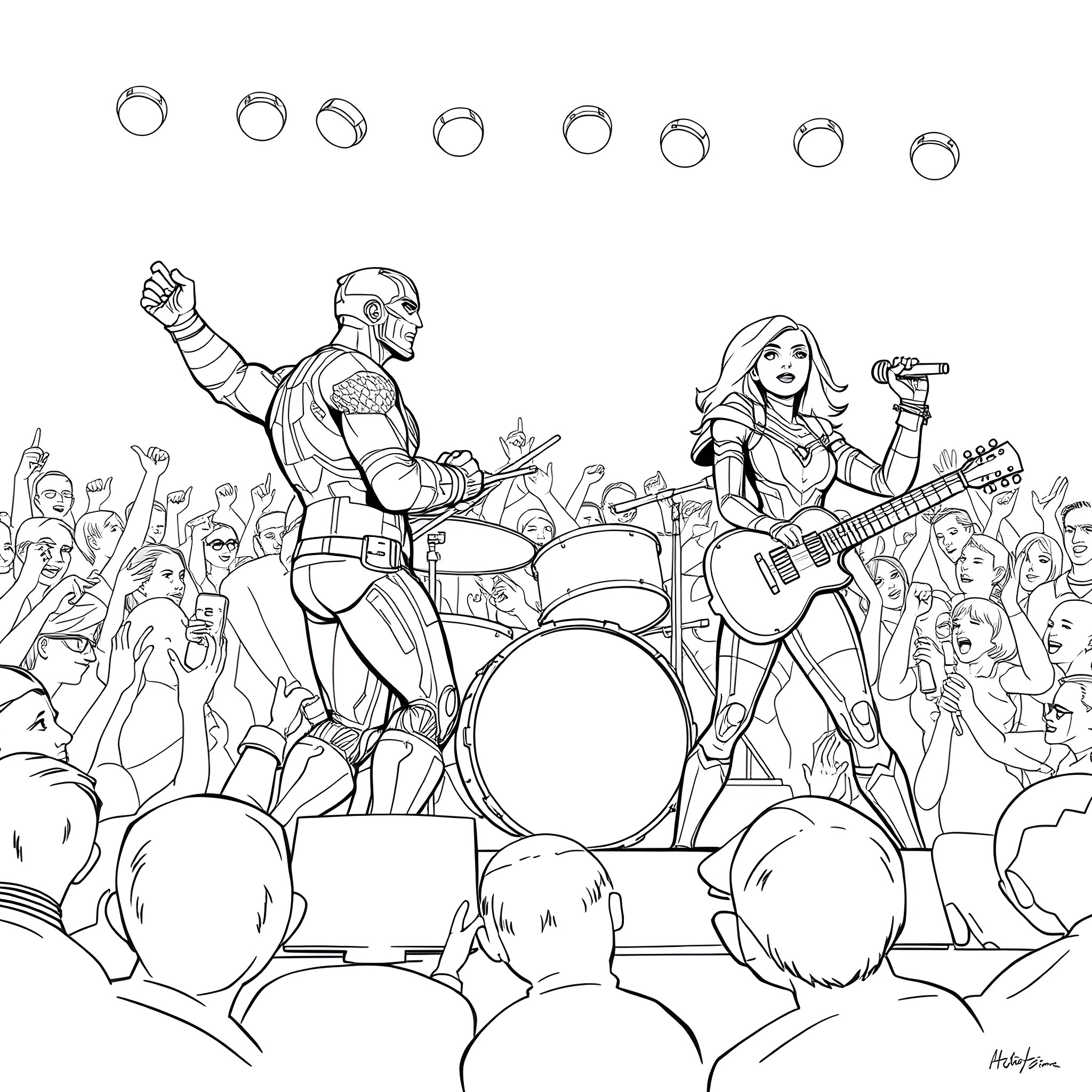Avenger Superheroes Perform on Stage for Cheering Fans Coloring Page (free black-and-white line drawing printable PDF for all, from beginners to advanced learners, including children, teens, adults, and seniors)