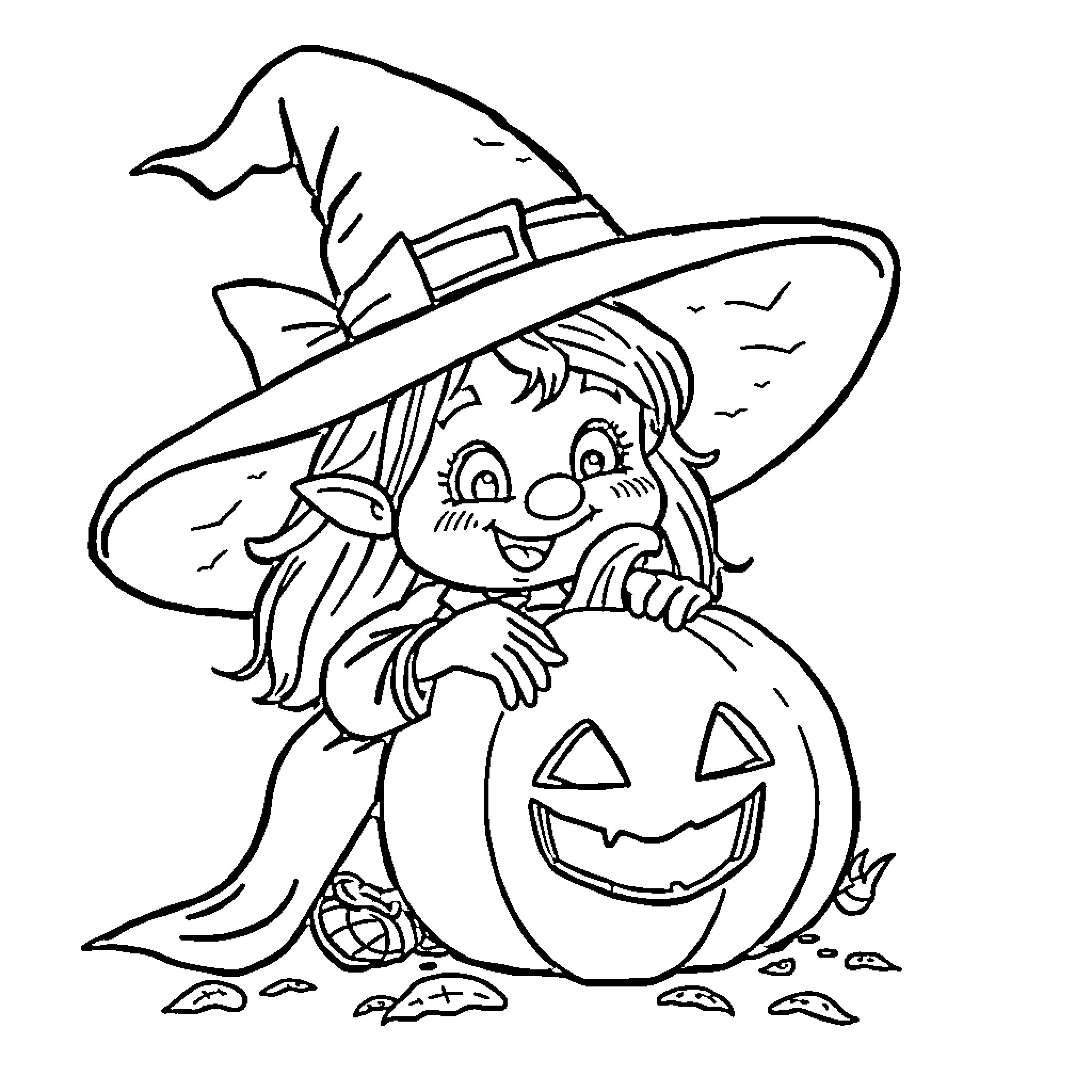 Witch with Jack-o'-lantern in Halloween scene Coloring Page (free black-and-white line drawing printable PDF for all, from beginners to advanced learners, including children, teens, adults, and seniors)