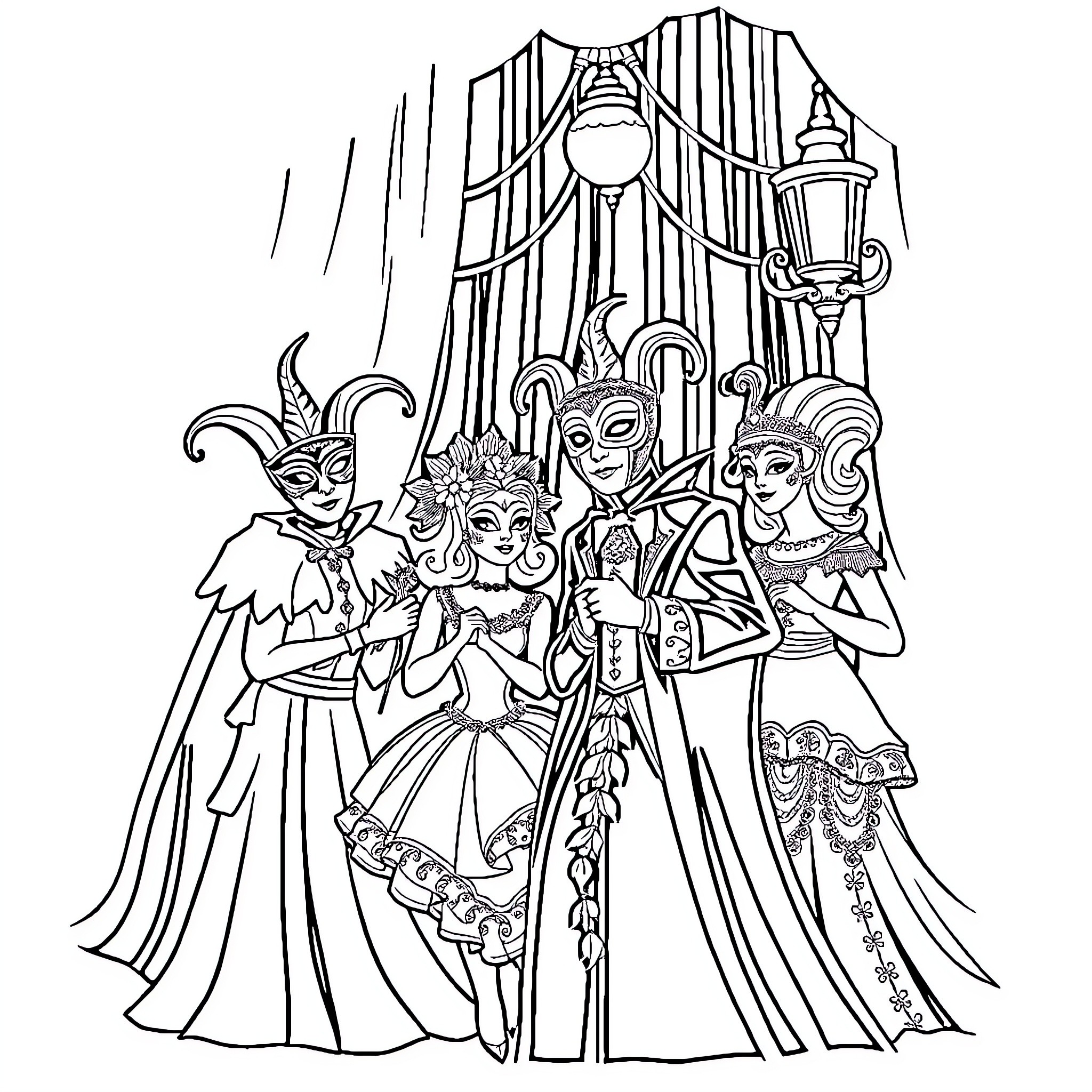 Masque of Festive Figures in Elaborate Costumes Coloring Page (free black-and-white line drawing printable PDF for all, from beginners to advanced learners, including children, teens, adults, and seniors)
