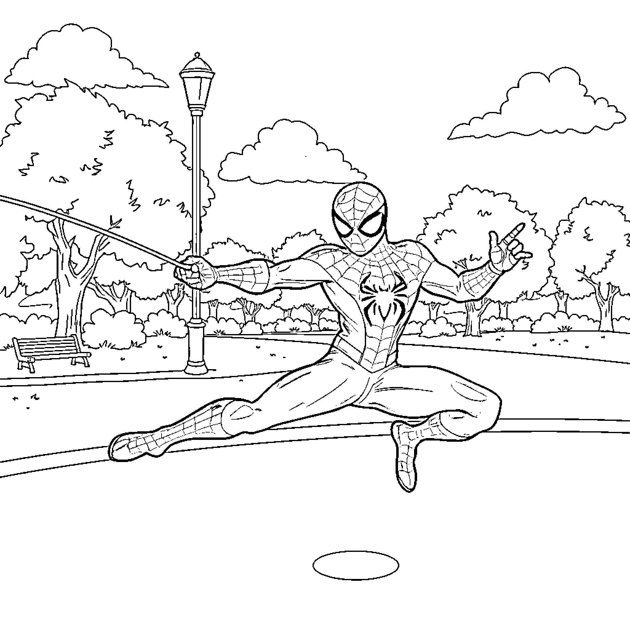 Spider-Man swinging through the park Coloring Page (free black-and-white line drawing printable PDF for all, from beginners to advanced learners, including children, teens, adults, and seniors)
