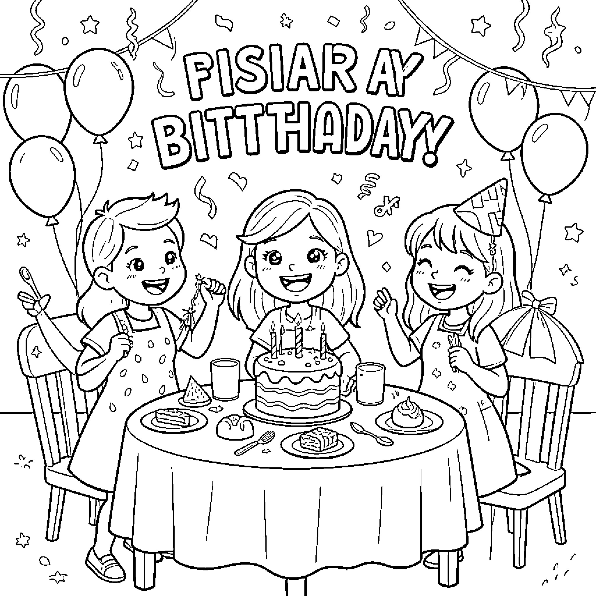 Birthday celebration with children enjoying a cake Coloring Page (free black-and-white line drawing printable PDF for all, from beginners to advanced learners, including children, teens, adults, and seniors)