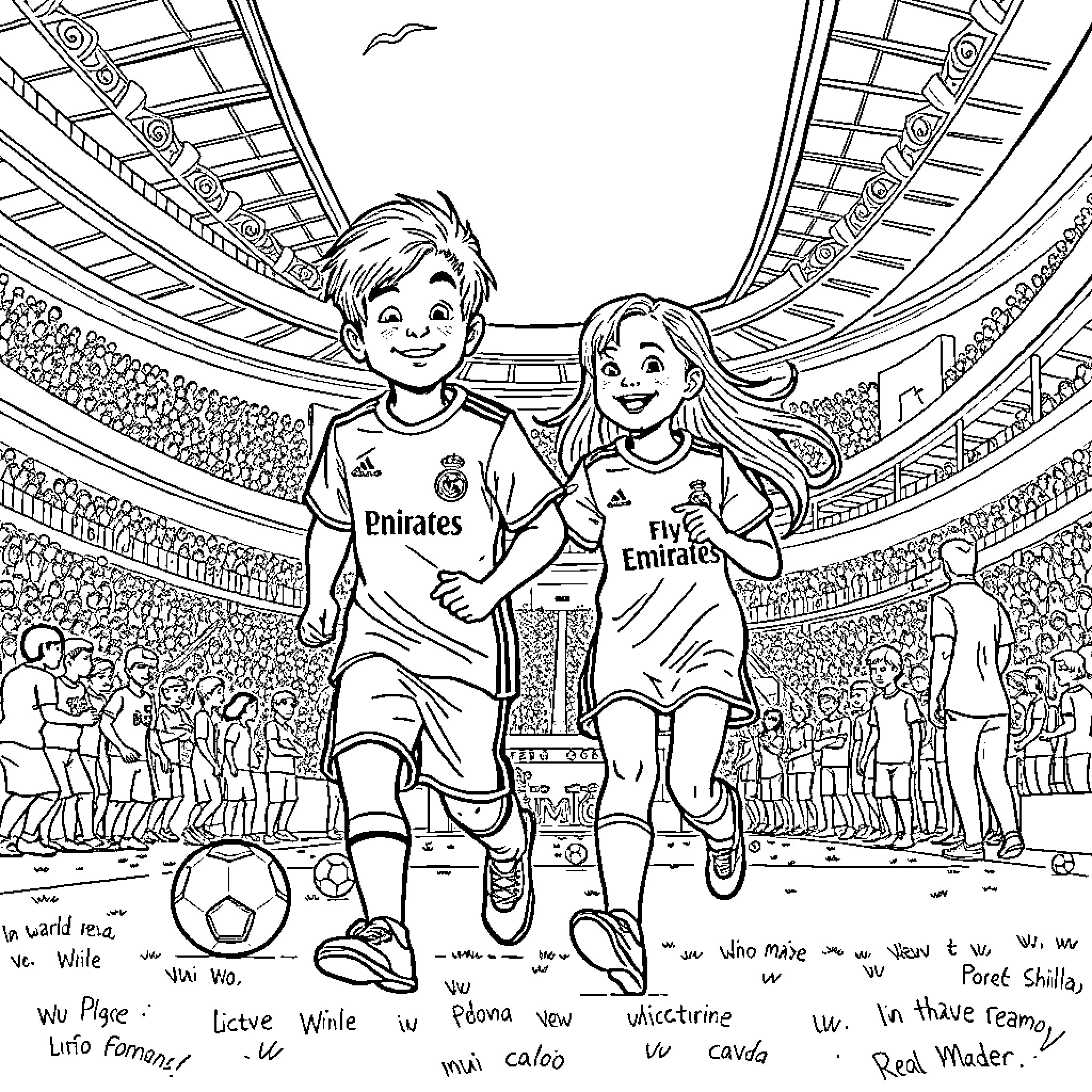 Futbol fans cheering in stadium Coloring Page (free black-and-white line drawing printable PDF for all, from beginners to advanced learners, including children, teens, adults, and seniors)