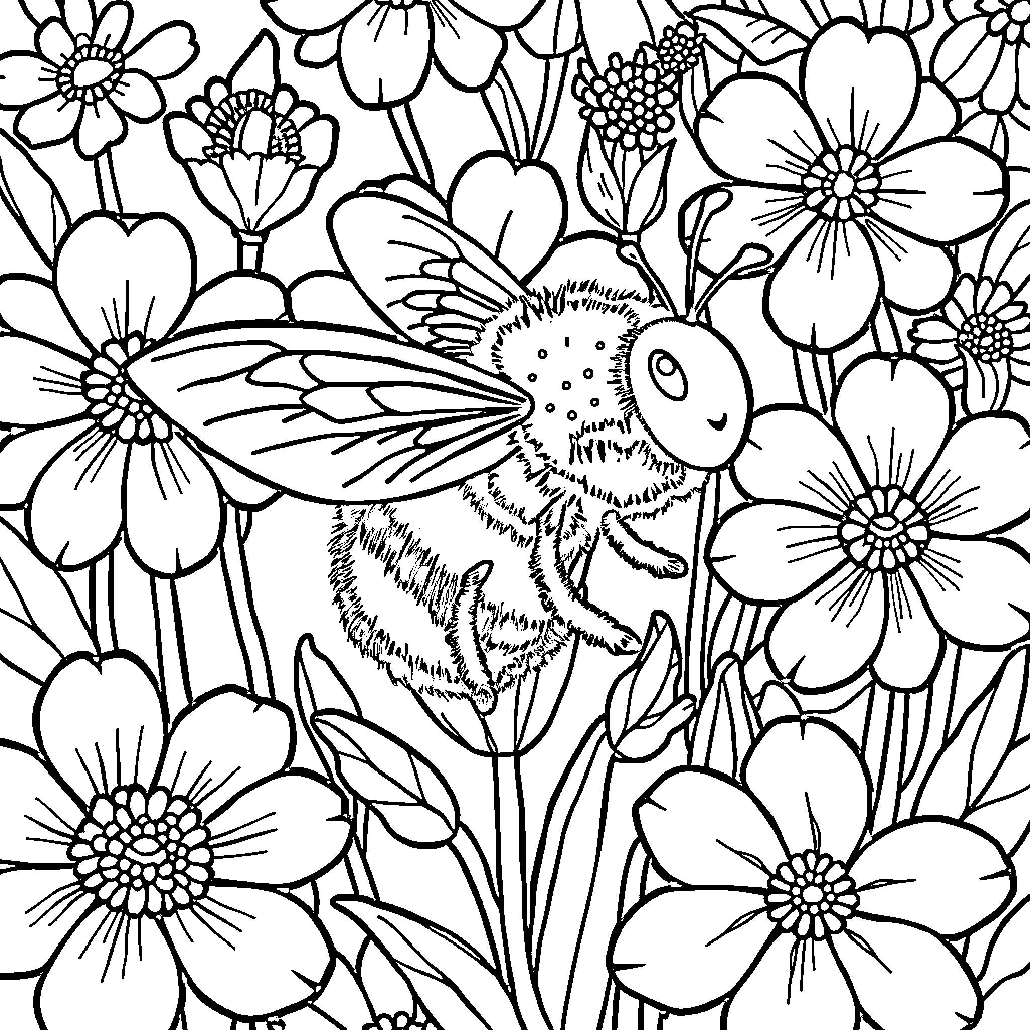 Bee in a Floral Garden Coloring Page (free black-and-white line drawing printable PDF for all, from beginners to advanced learners, including children, teens, adults, and seniors)