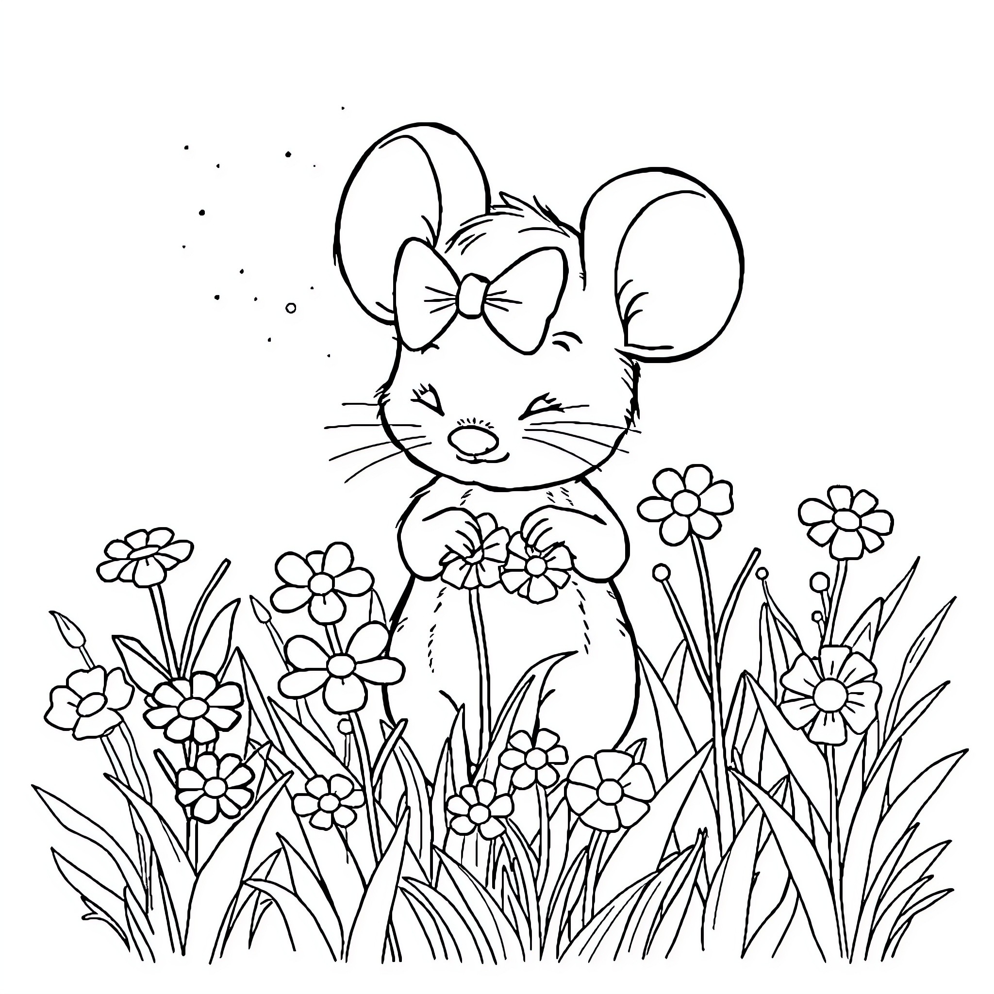 Mouse enjoying the garden with flowers Coloring Page (free black-and-white line drawing printable PDF for all, from beginners to advanced learners, including children, teens, adults, and seniors)