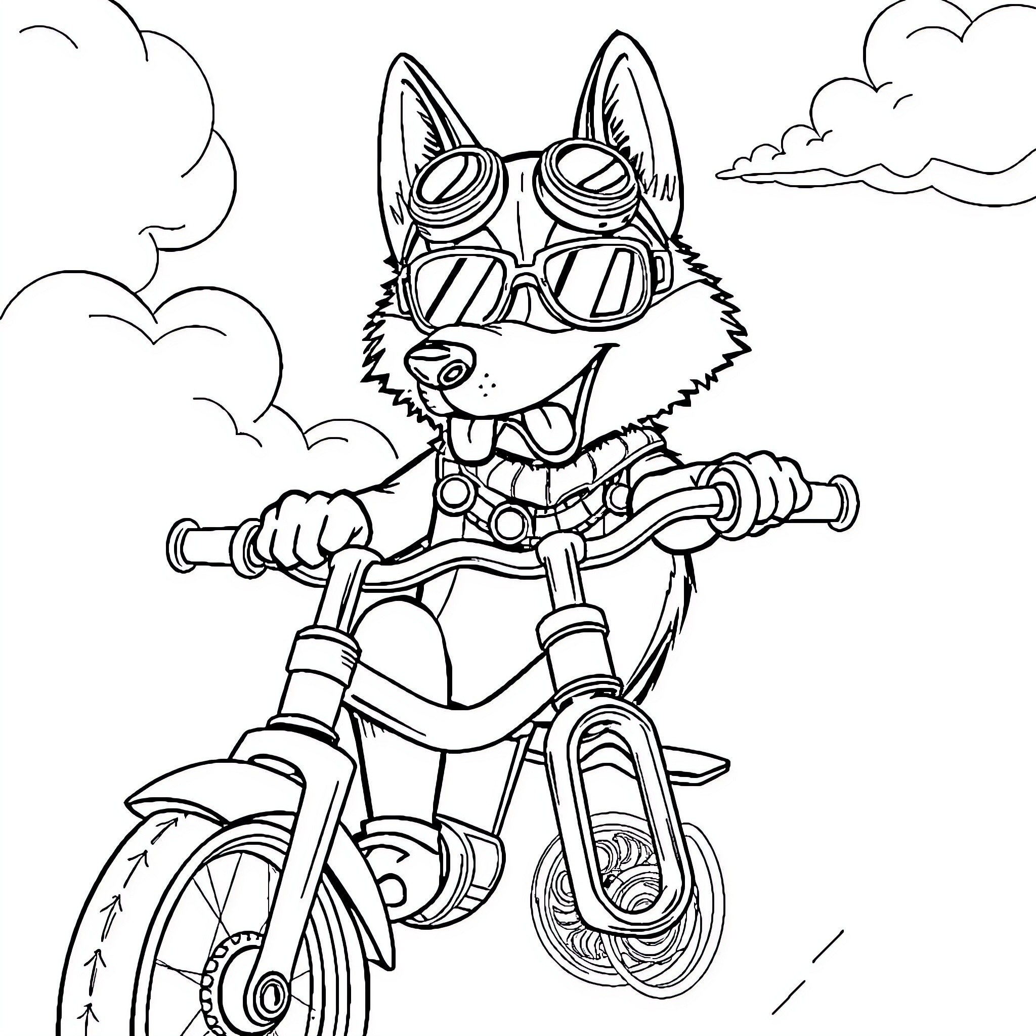 Husky riding a motorcycle with style Coloring Page (free black-and-white line drawing printable PDF for all, from beginners to advanced learners, including children, teens, adults, and seniors)