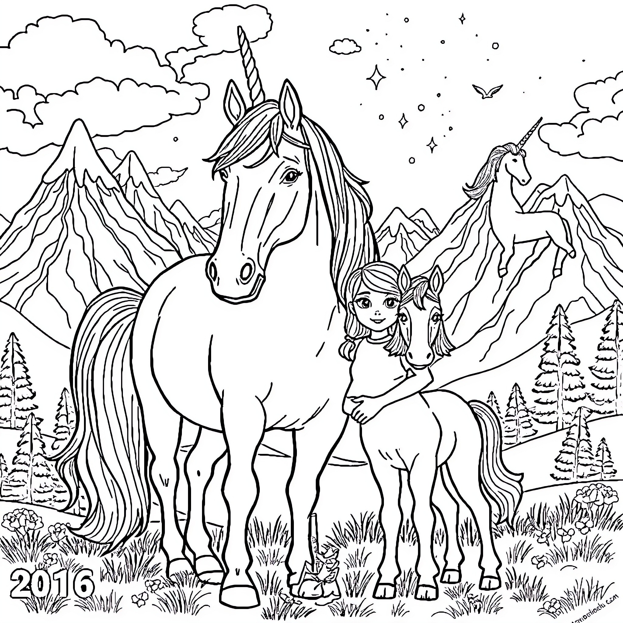 Horse and Unicorn with Girl in Fantasy Mountain Landscape Coloring Page (free black-and-white line drawing printable PDF for all, from beginners to advanced learners, including children, teens, adults, and seniors)