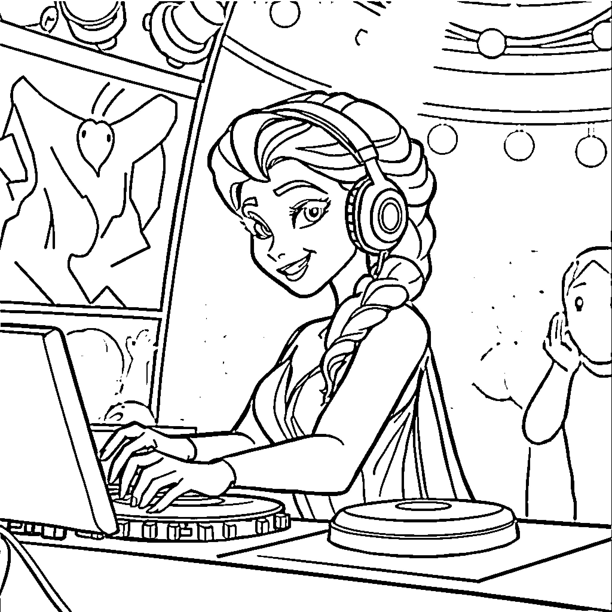 Elsa enjoying music and technology in her studio Coloring Page (free black-and-white line drawing printable PDF for all, from beginners to advanced learners, including children, teens, adults, and seniors)