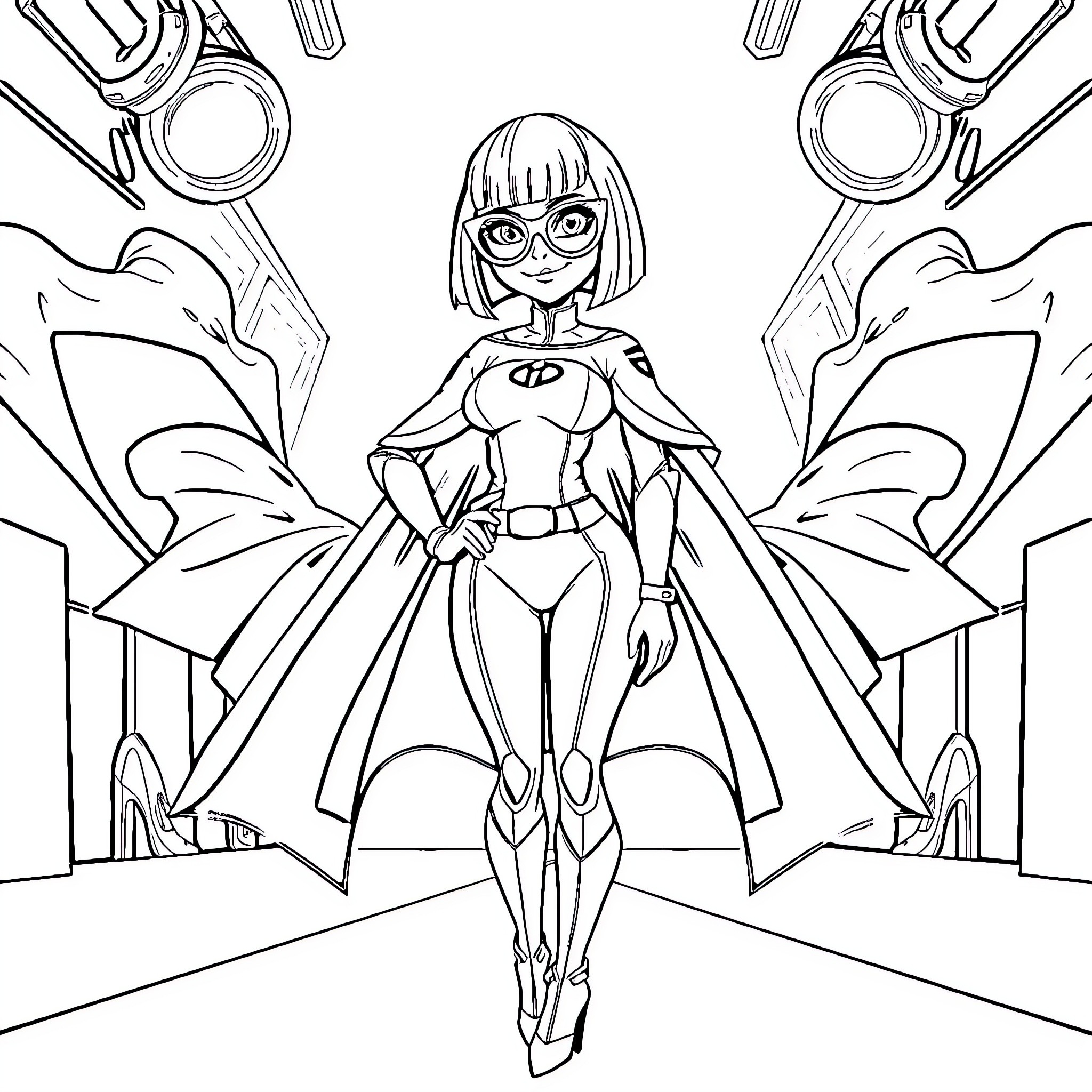Fashion Character in Heroic Pose Coloring Page (free black-and-white line drawing printable PDF for all, from beginners to advanced learners, including children, teens, adults, and seniors)