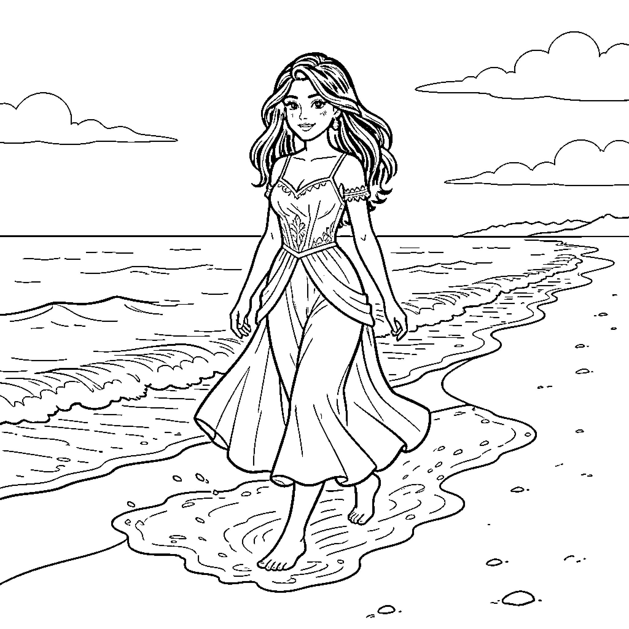 Princess Jasmine walking gracefully along the seashore Coloring Page (free black-and-white line drawing printable PDF for all, from beginners to advanced learners, including children, teens, adults, and seniors)