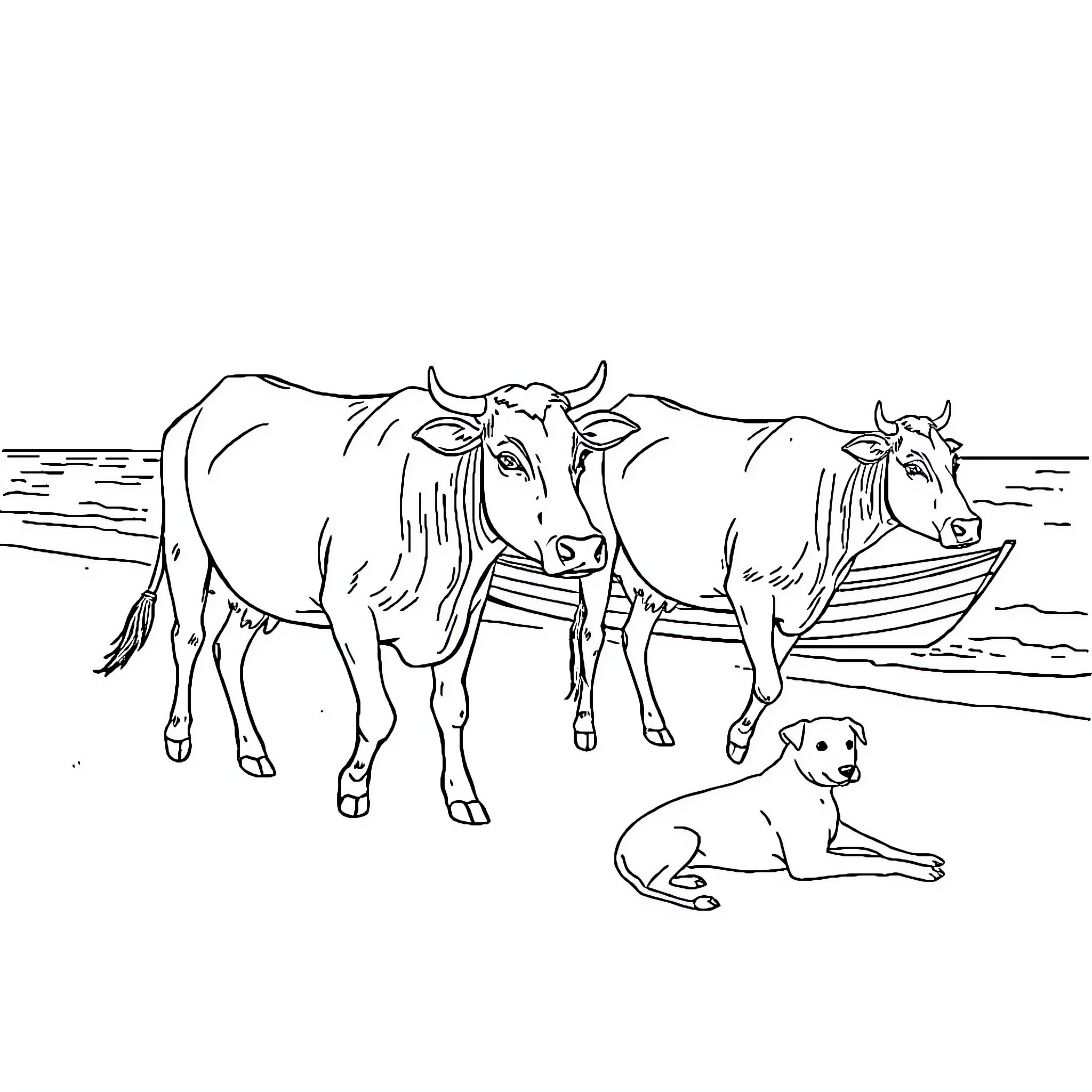 Cows standing together with a dog in the field Coloring Page (free black-and-white line drawing printable PDF for all, from beginners to advanced learners, including children, teens, adults, and seniors)