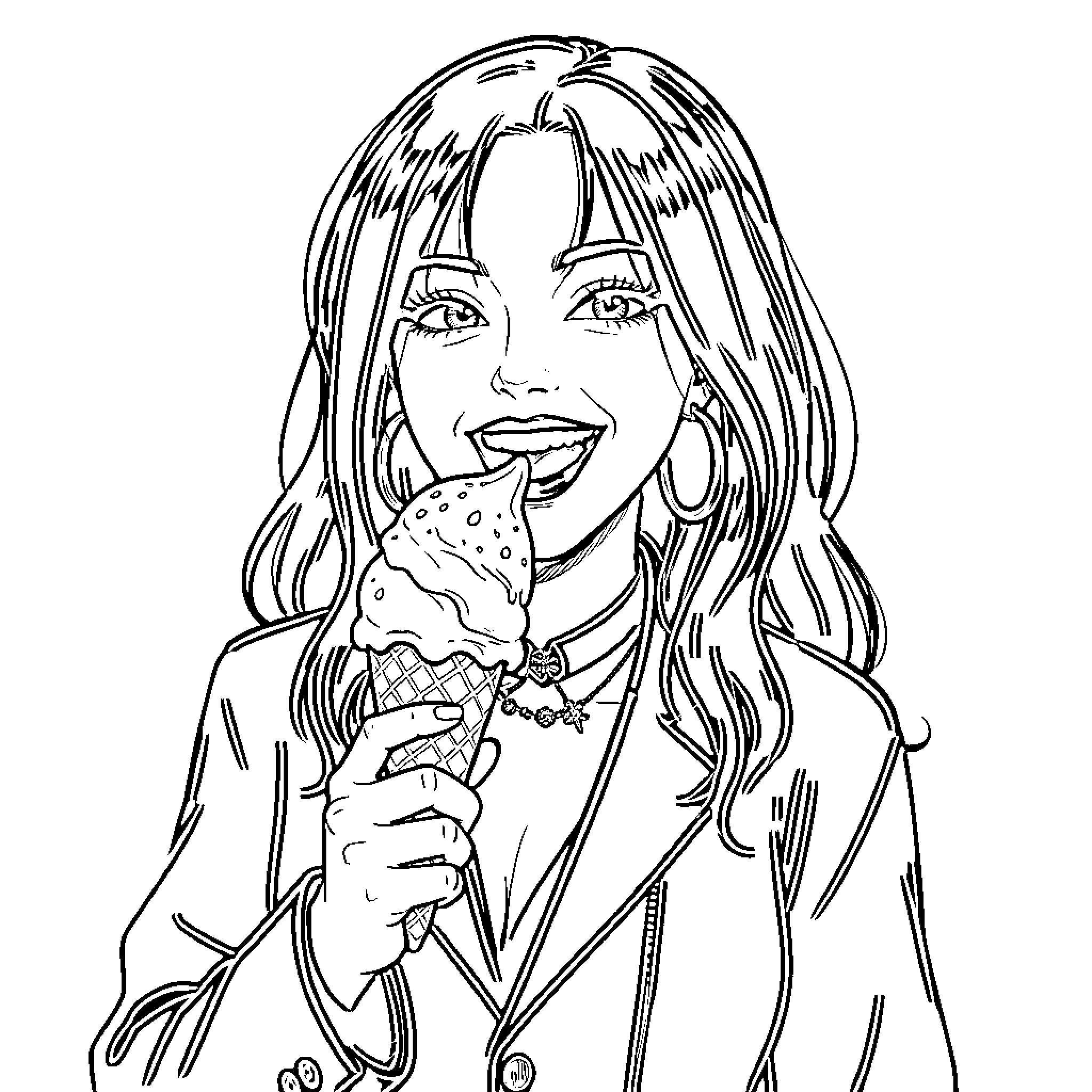Goth Baddie Enjoying Tasty Treat Coloring Page (free black-and-white line drawing printable PDF for all, from beginners to advanced learners, including children, teens, adults, and seniors)