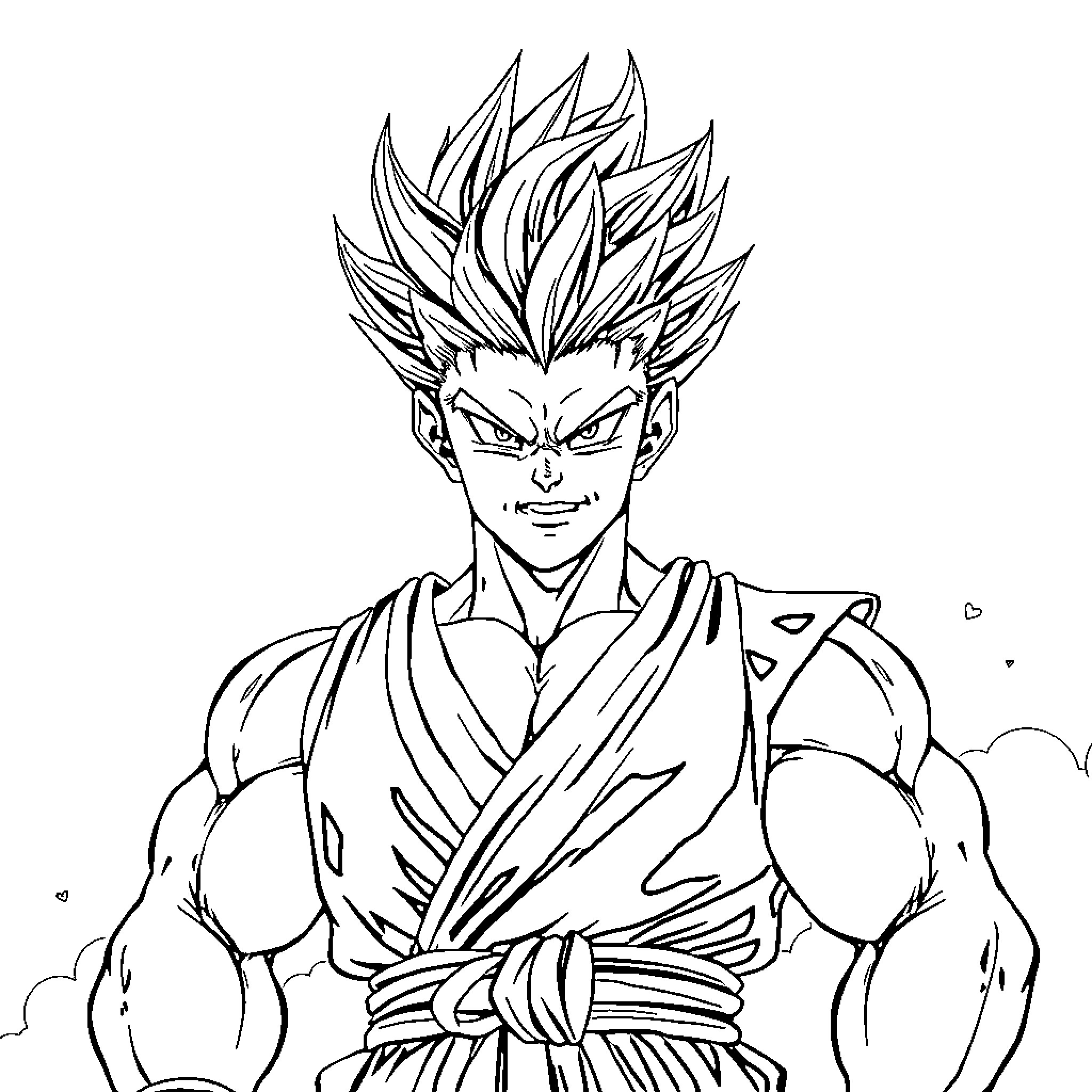 Sangoku's Powerful Martial Stance Coloring Page (free black-and-white line drawing printable PDF for all, from beginners to advanced learners, including children, teens, adults, and seniors)