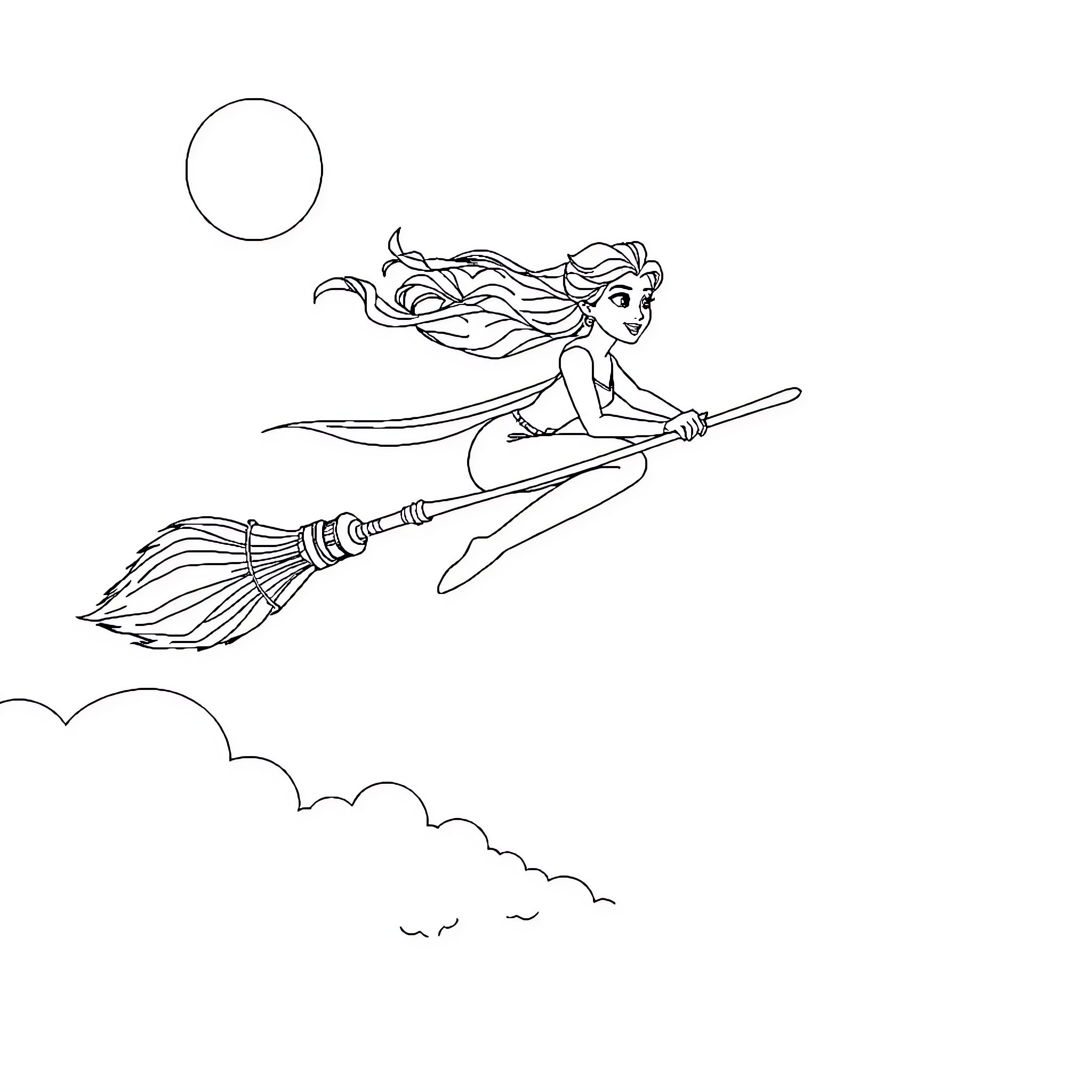 Elsa the Witch Soaring on Her Broomstick Coloring Page (free black-and-white line drawing printable PDF for all, from beginners to advanced learners, including children, teens, adults, and seniors)