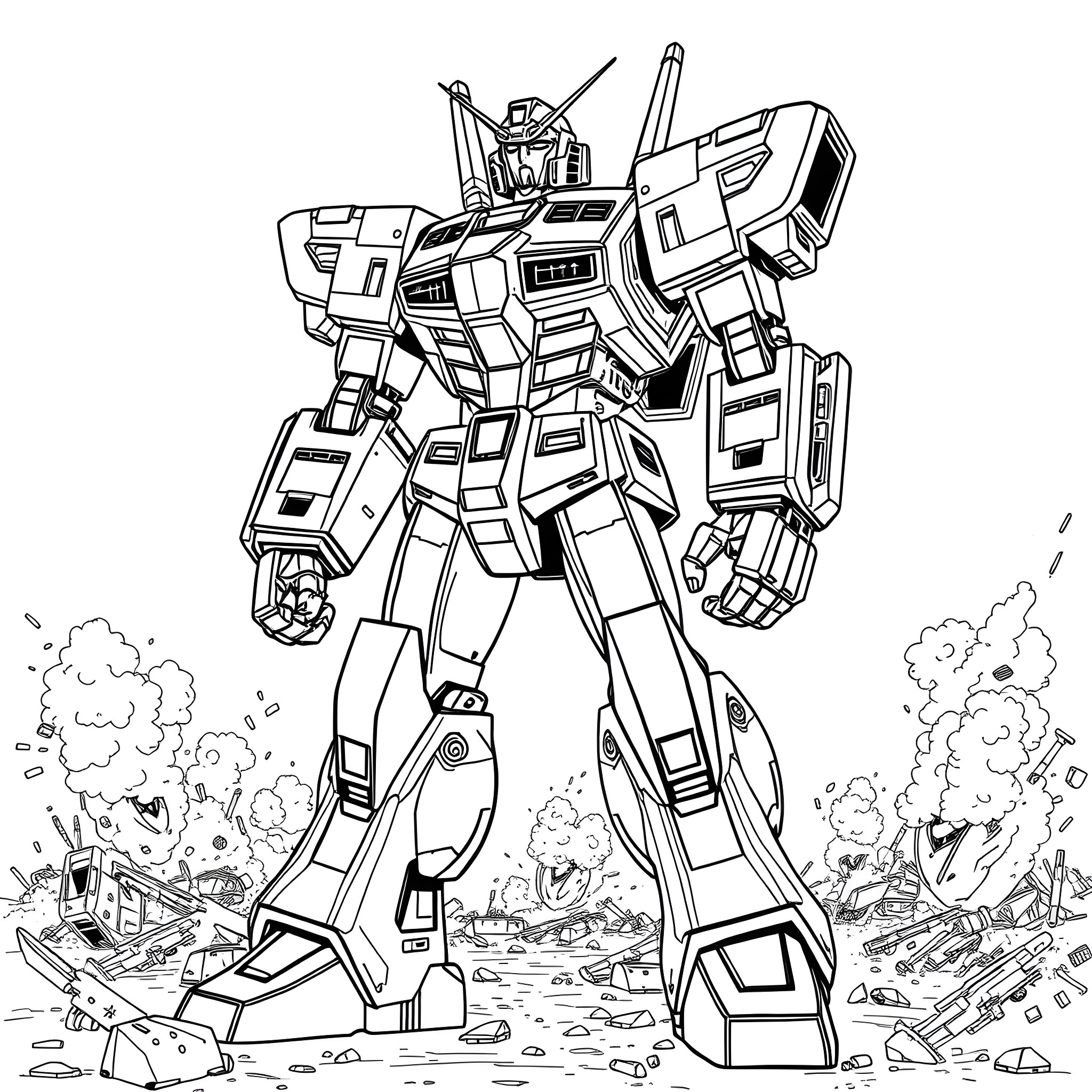 Robot mech warrior in battle stance Coloring Page (free black-and-white line drawing printable PDF for all, from beginners to advanced learners, including children, teens, adults, and seniors)