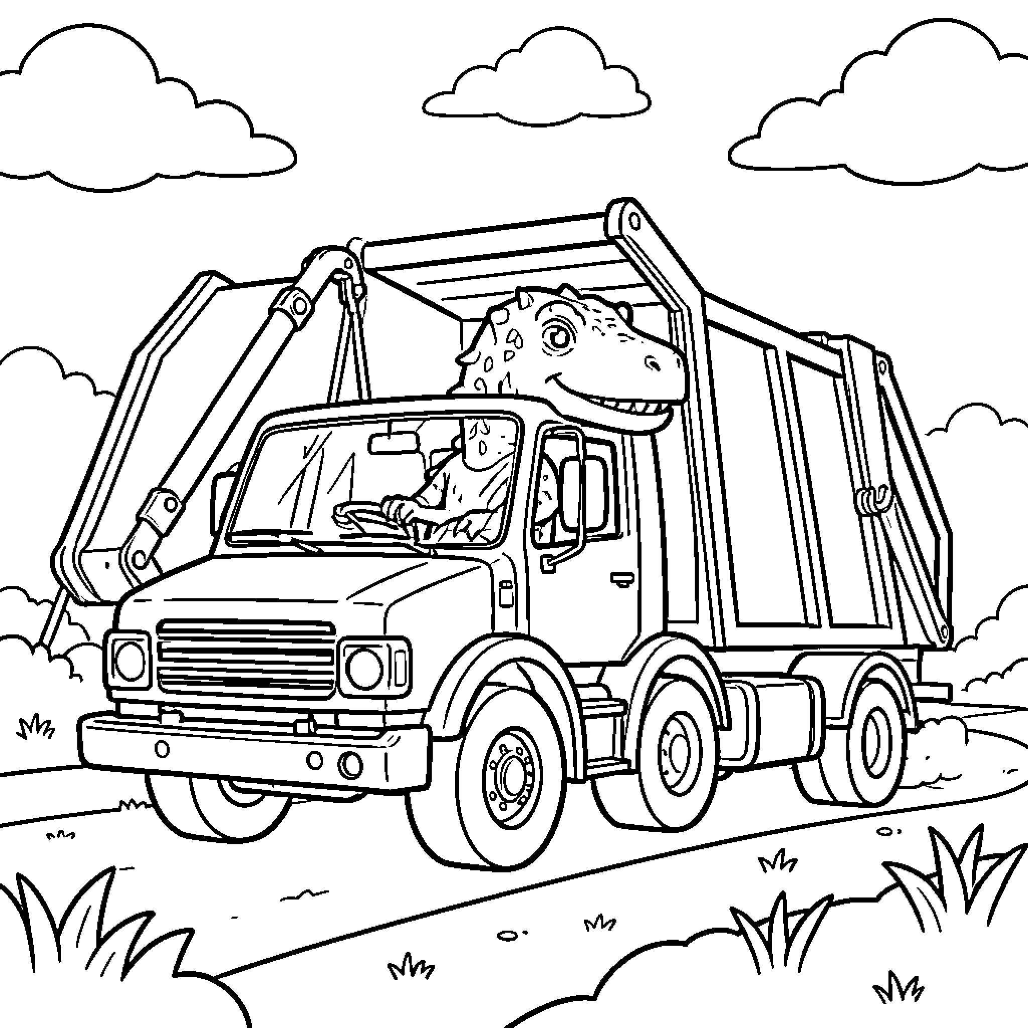 Dinosaur driving a construction truck Coloring Page (free black-and-white line drawing printable PDF for all, from beginners to advanced learners, including children, teens, adults, and seniors)