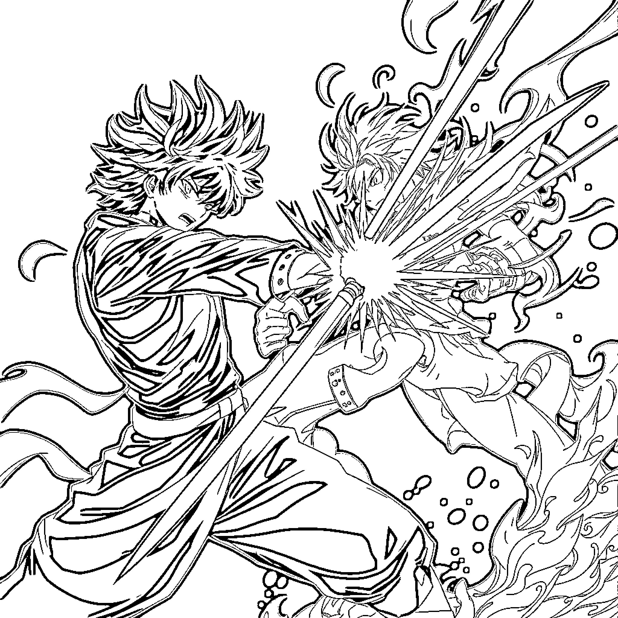 Tanjiro's Powerful Demon Slayer Technique Coloring Page (free black-and-white line drawing printable PDF for all, from beginners to advanced learners, including children, teens, adults, and seniors)