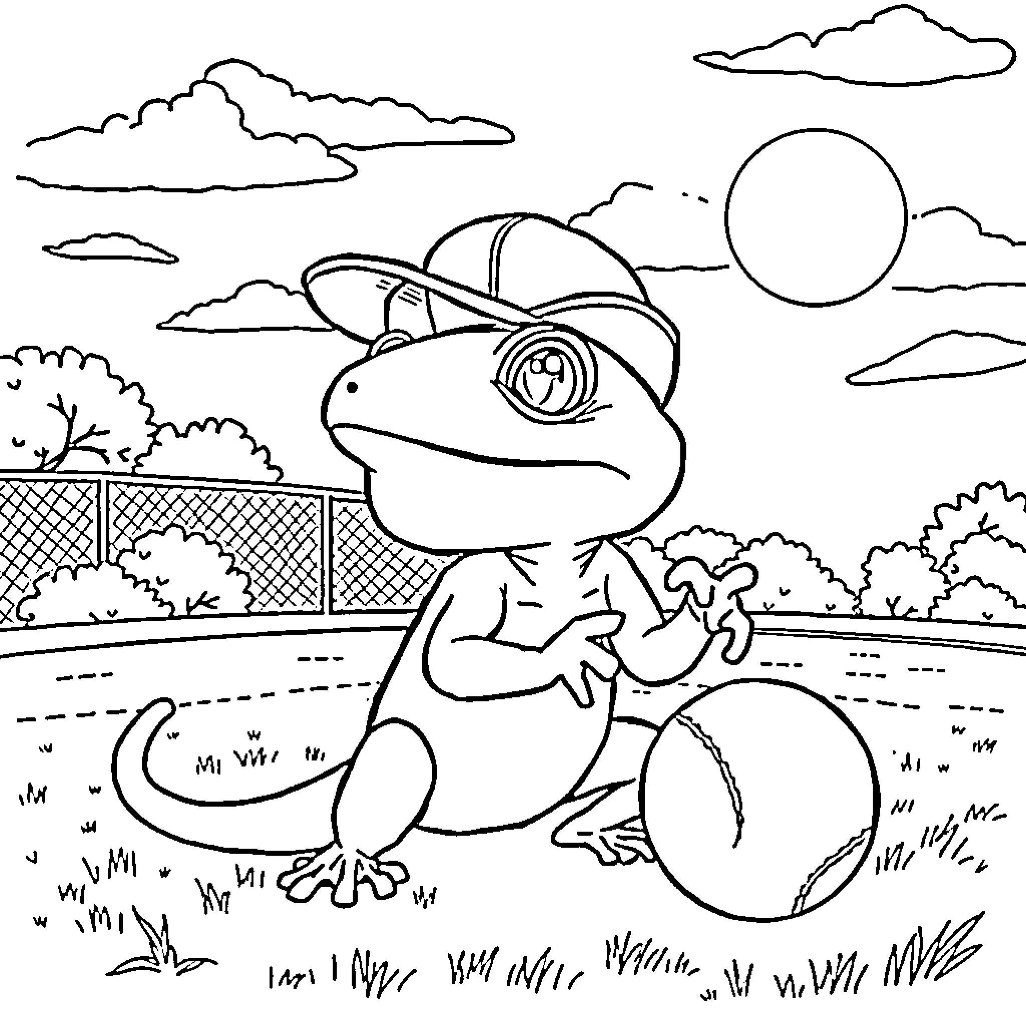 Gecko exploring the outdoor landscape Coloring Page (free black-and-white line drawing printable PDF for all, from beginners to advanced learners, including children, teens, adults, and seniors)