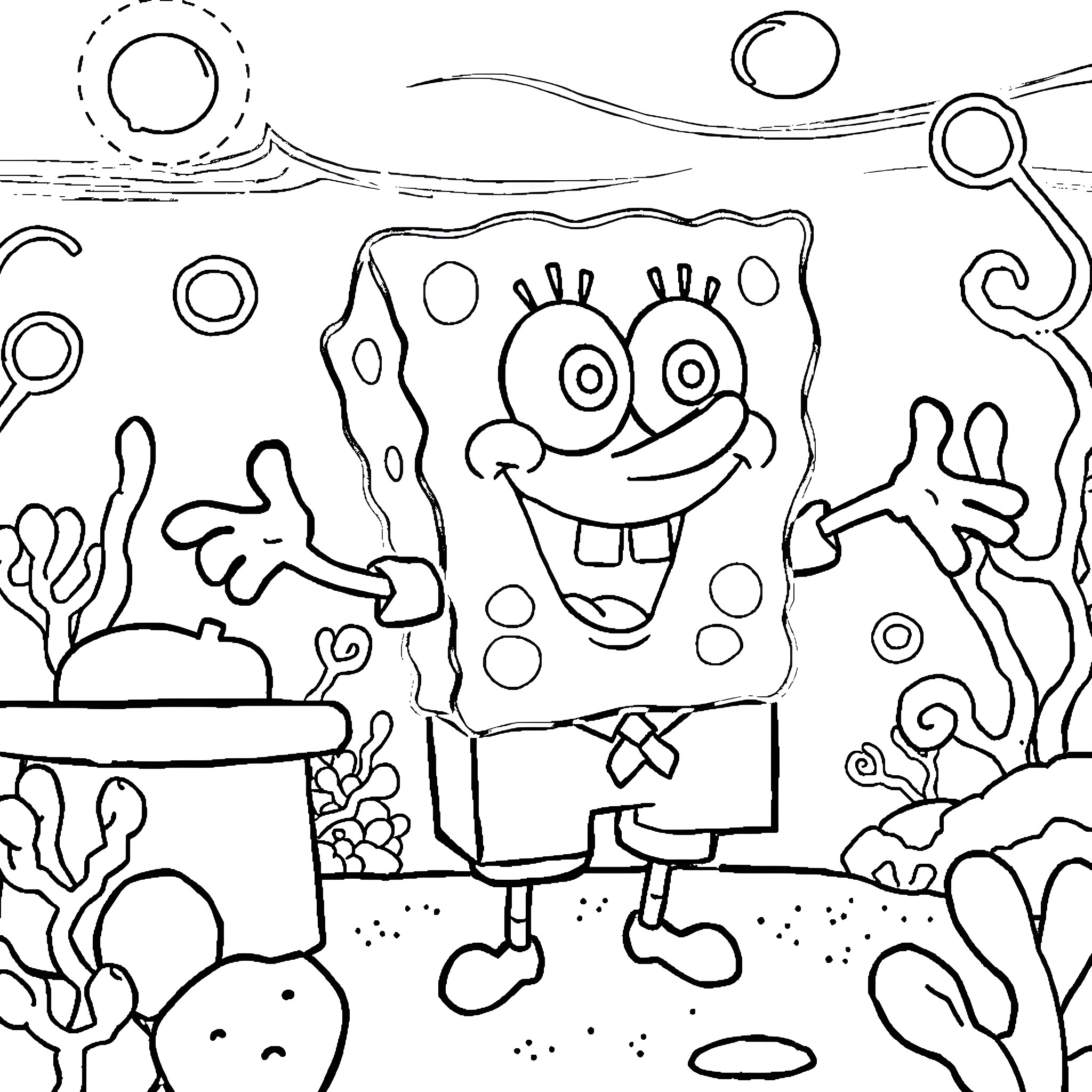 Spongebob having fun in his underwater world Coloring Page (free black-and-white line drawing printable PDF for all, from beginners to advanced learners, including children, teens, adults, and seniors)