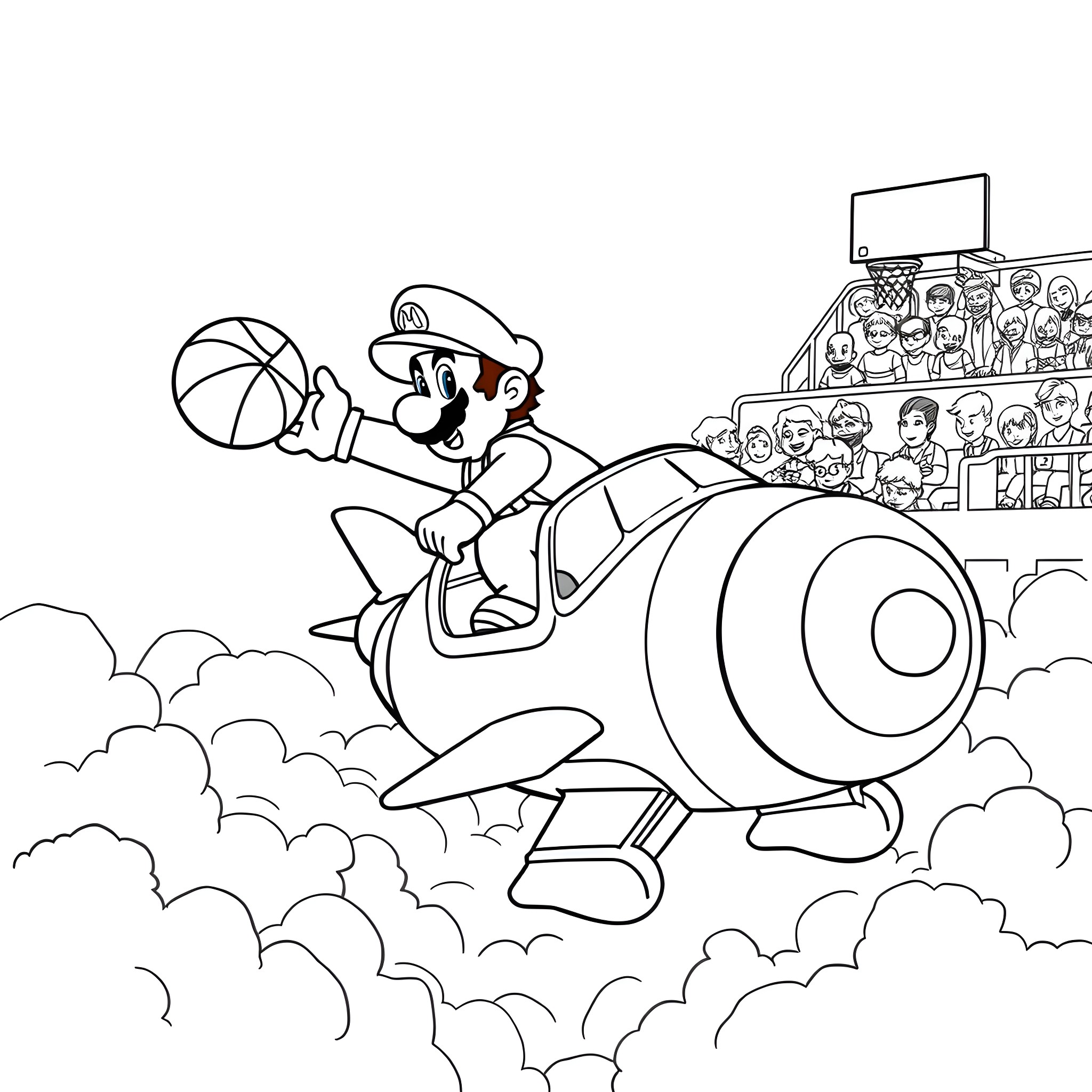 Mario Riding Rocket Through Clouds Coloring Page (free black-and-white line drawing printable PDF for all, from beginners to advanced learners, including children, teens, adults, and seniors)