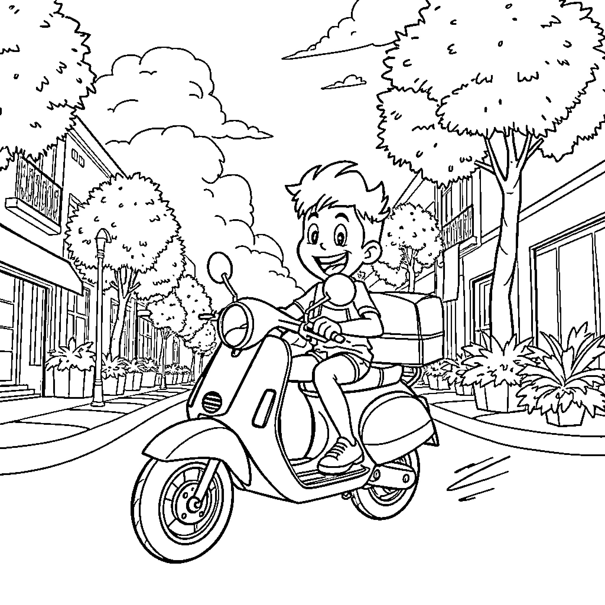 Baku Deku Riding a Scooter Through Town Coloring Page (free black-and-white line drawing printable PDF for all, from beginners to advanced learners, including children, teens, adults, and seniors)